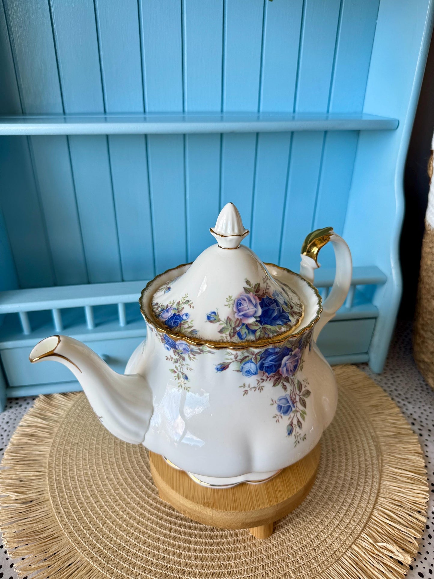 Very Rare Hard To Find "Large" Royal Albert "Moonlight Rose" TeaPot, Beautiful 1.25L TeaPot, Bone China, Blue Roses Decor, Made in England