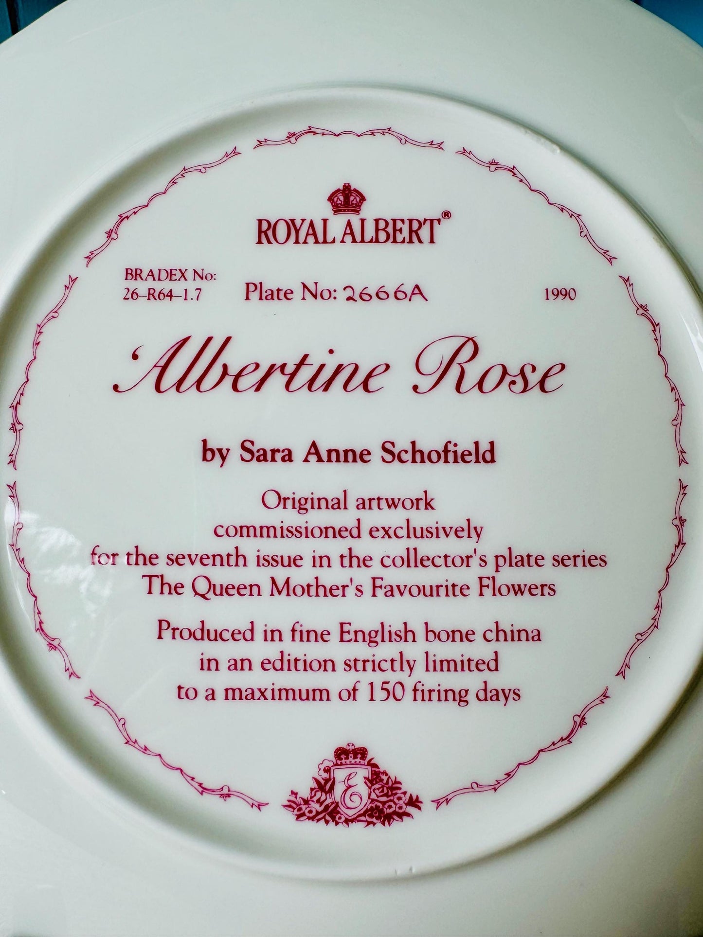 Vintage Royal Albert Vintage 1990's Bone China Albertine Rose Design 22CM Plate, Queen Mother's Favourite Flowers, Sarah Schofield, England