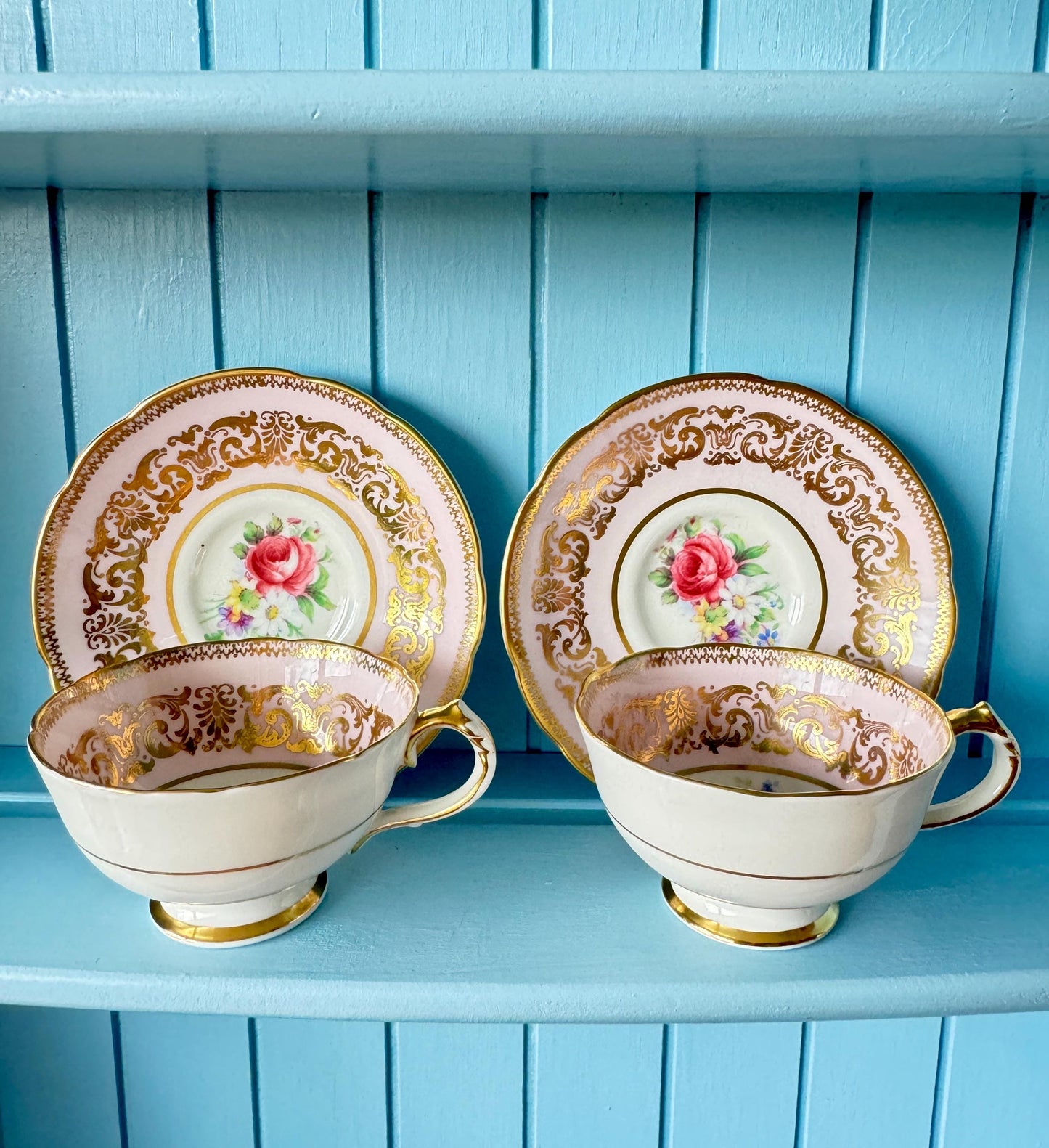 2 Rare Vintage 1940s Paragon Pastel Pink Espresso Cup Saucer, Bone China, Floral Design, by Appointment HM Queen Elizabeth, Double Warrant!