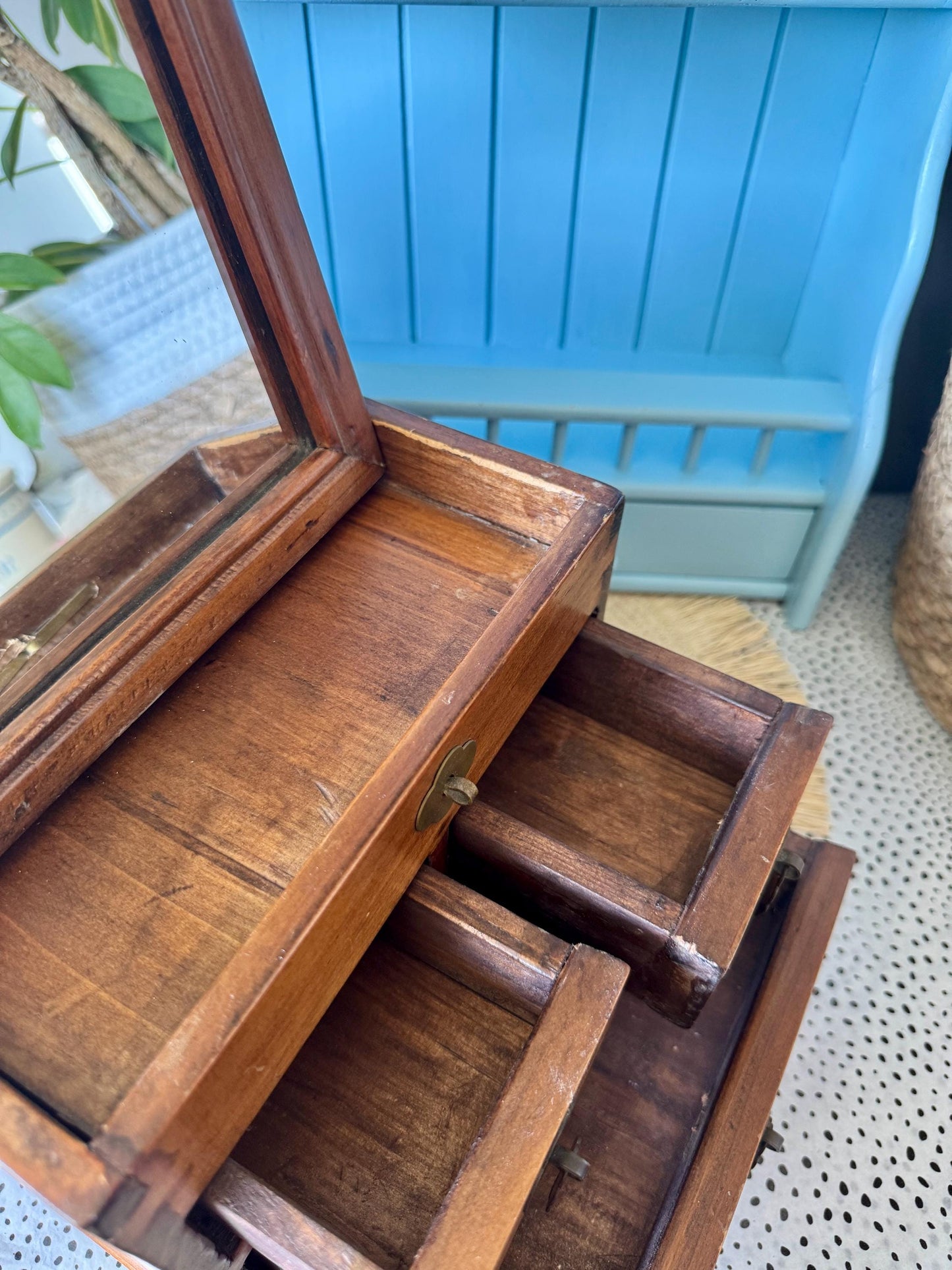 Apothecary Cabinet With Mirror, Antique Storage Unit, Colonial Solid Wooden Chest With Drawers, Oak Desktop Organizer, Shaving Cabinet
