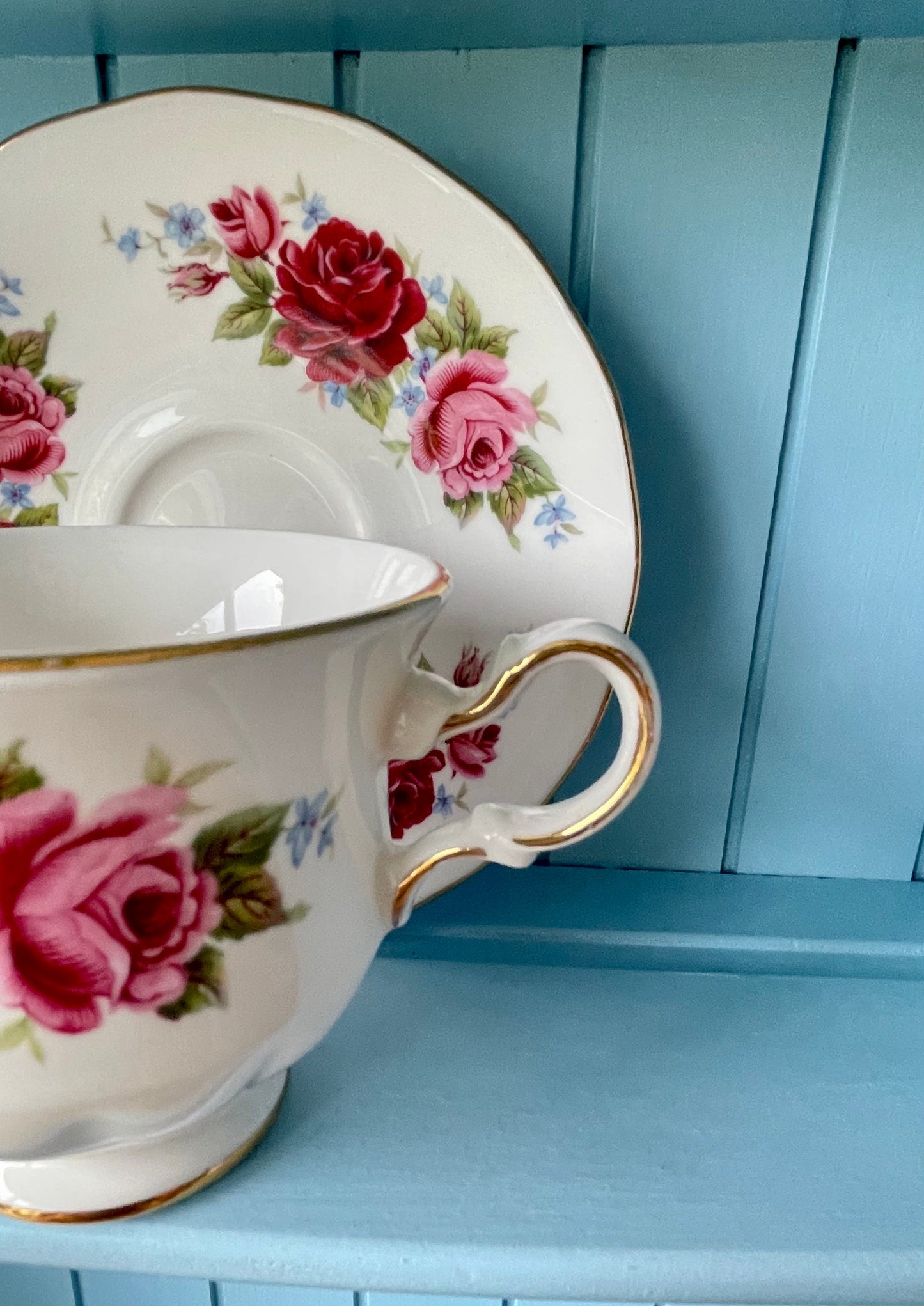 Elegant Vintage Queen Anne Tea Cup and Saucer - Red and Pink Floral Design, Antique English China, Cherished Collectible, 4 High-Tea Parties