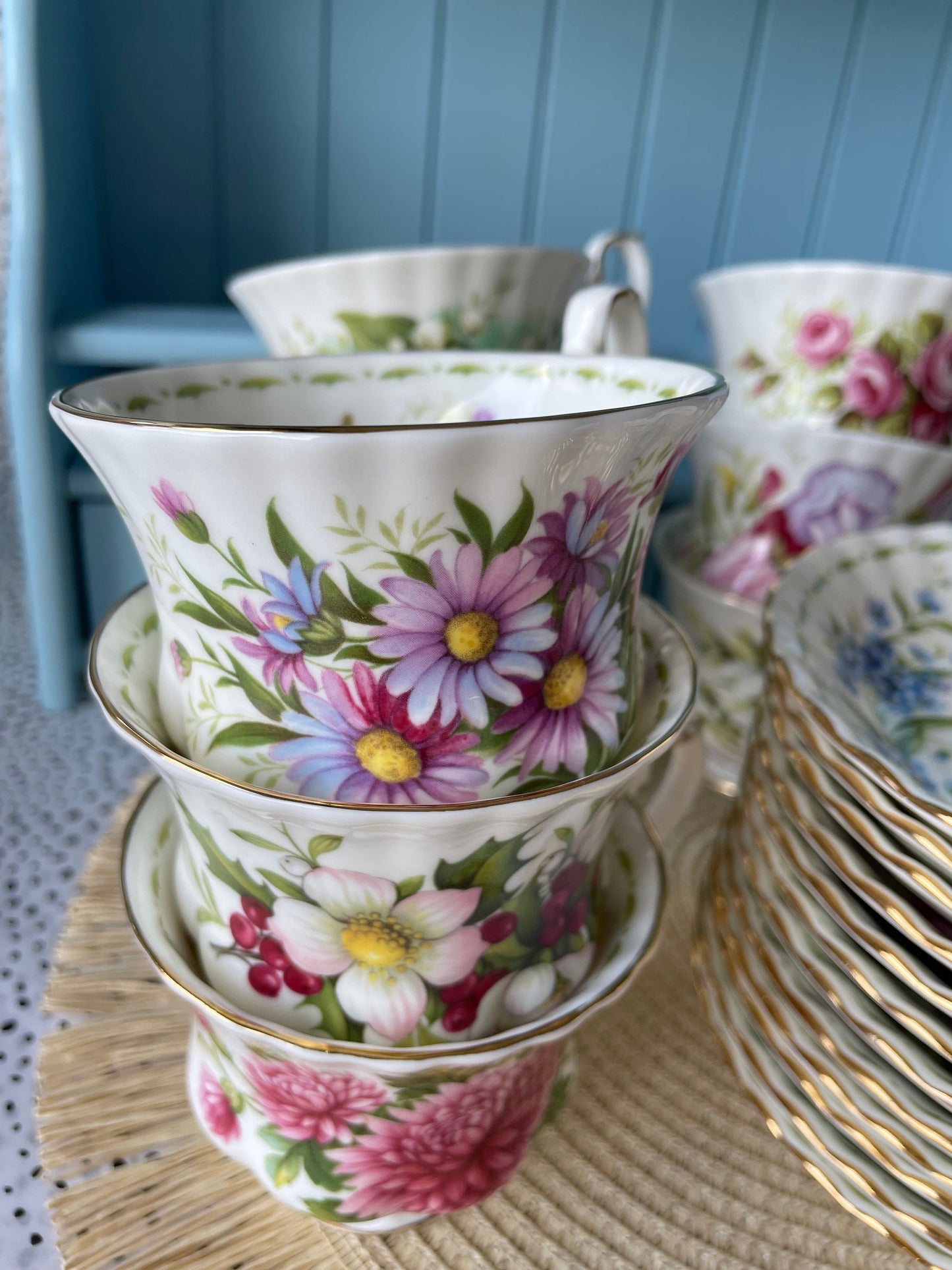 Vintage TeaSet of 12 'Royal Albert' Flower Of The Month Gentleman Sized Cup & Saucer, Fine Bone China, Perfect Gift, Made in England