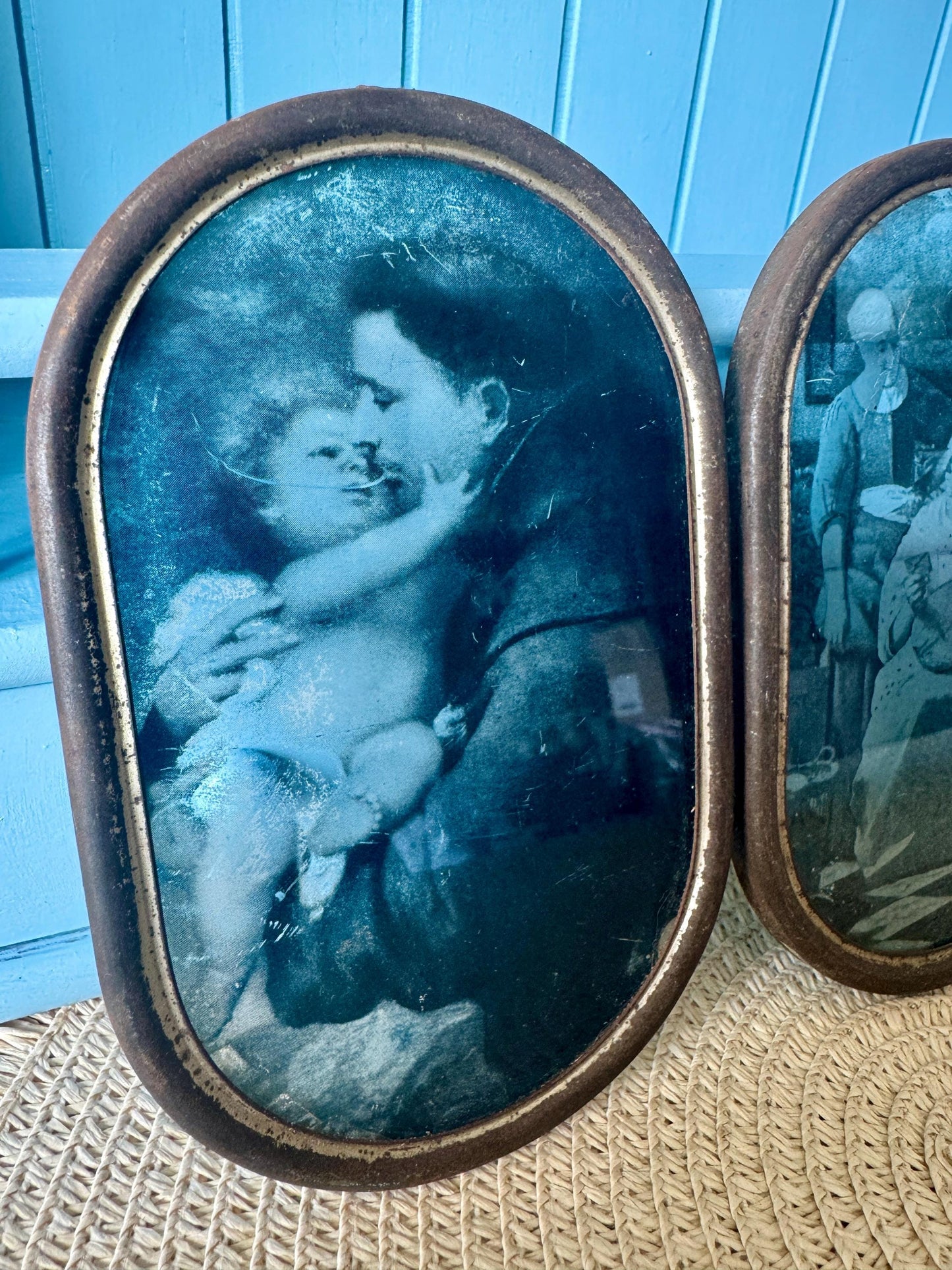 Antique Reverse Glass Paintings Set of 3, Religious & Genre Scene Wall Art, Hand-Painted Glass Panels c.1890-1910, Window Hangings, French