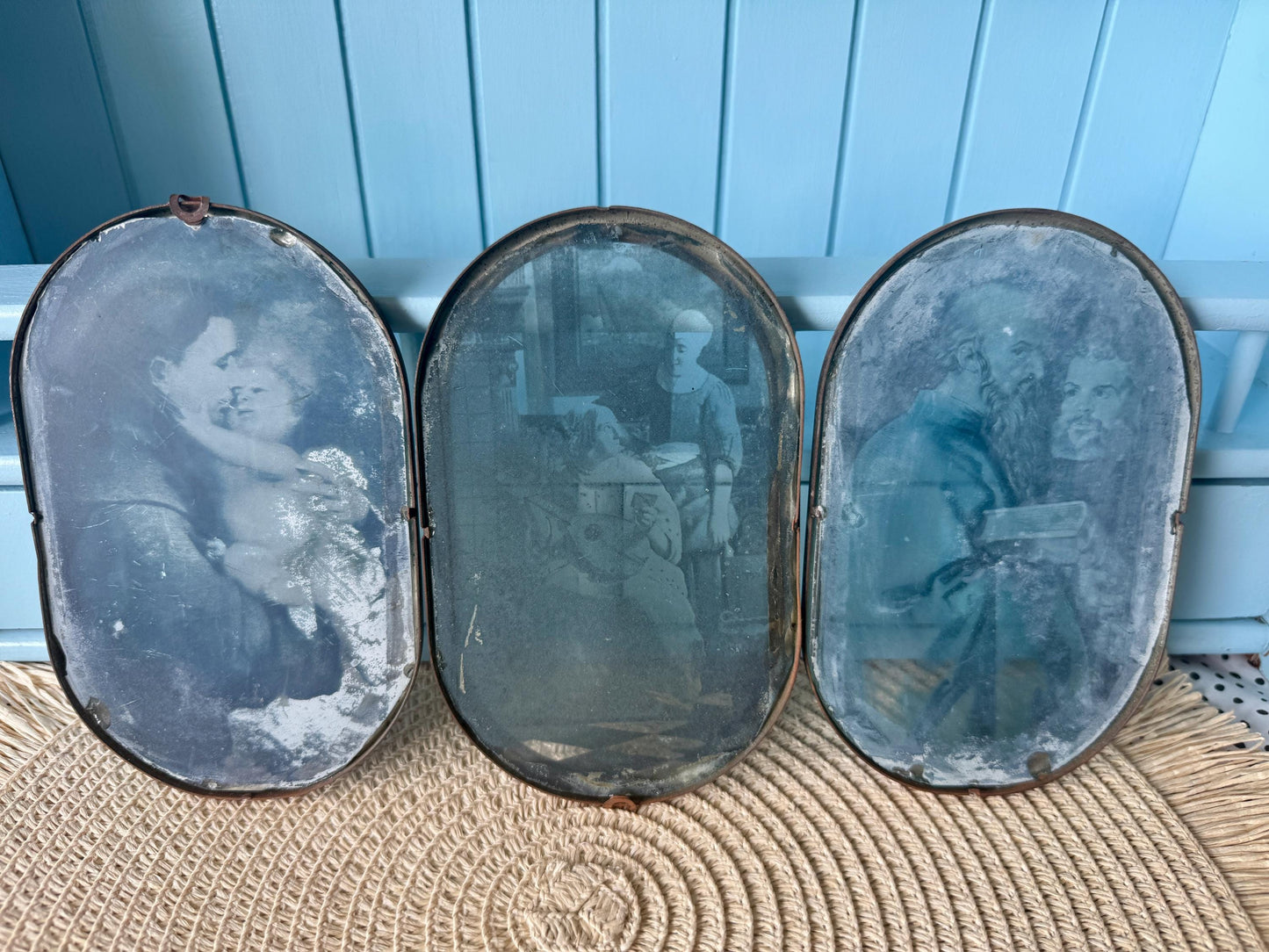 Antique Reverse Glass Paintings Set of 3, Religious & Genre Scene Wall Art, Hand-Painted Glass Panels c.1890-1910, Window Hangings, French