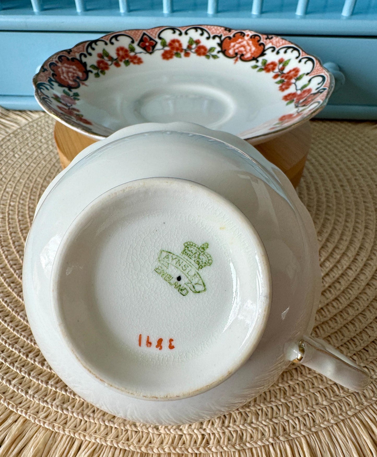 Rare Vintage Aynsley Teacup and Saucer Set ,Very Good Condition, Red and Blue Roses Design, Crafted 1940's, Bone China, Crazing, England