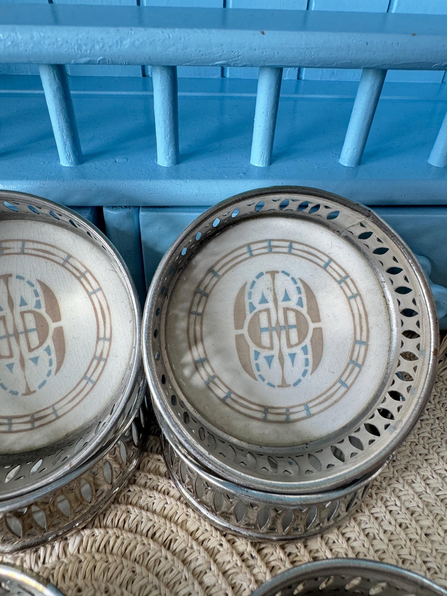 Vintage Dresden 'Villeroy & Boch' Coasters, Set 6 Coasters, Previously Loved, Collectors Item, Pierced Silver Rim, Hand-painted, German Made