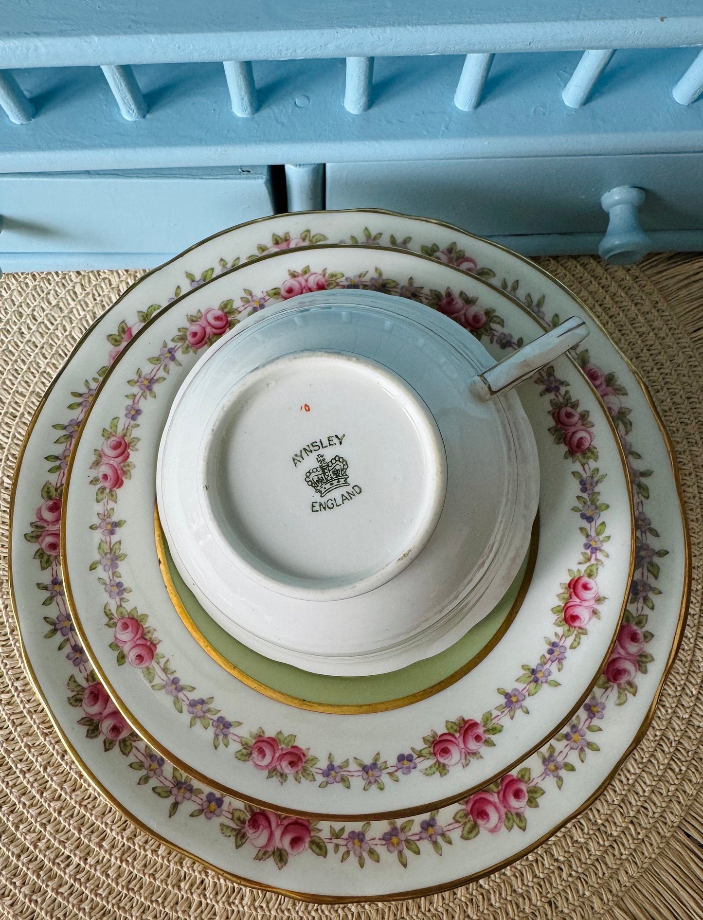 Rare Vintage Aynsley Trio, Teacup, Saucer & Cake Plate Set ,Very Good Condition, Green Roses Design, Early 20th Century, Bone China England