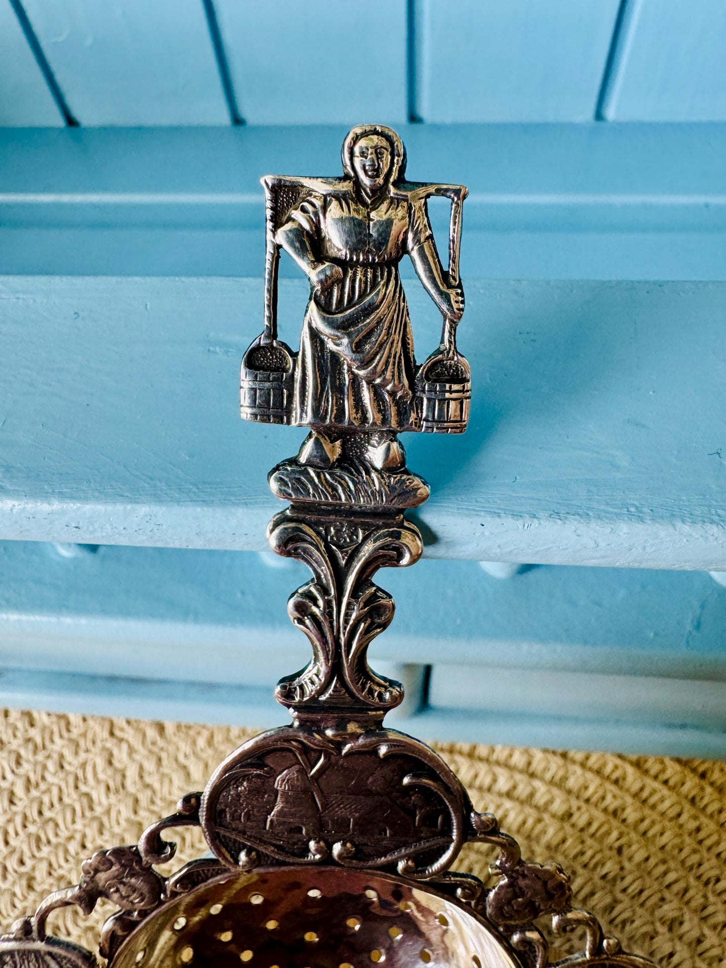 Antique Silver Tea Strainer, Early Edwardian Era, Dutch Themed, Milk Maid Handle, Silver Lion & Minerva Hallmarked Vintage Silverware, Dutch