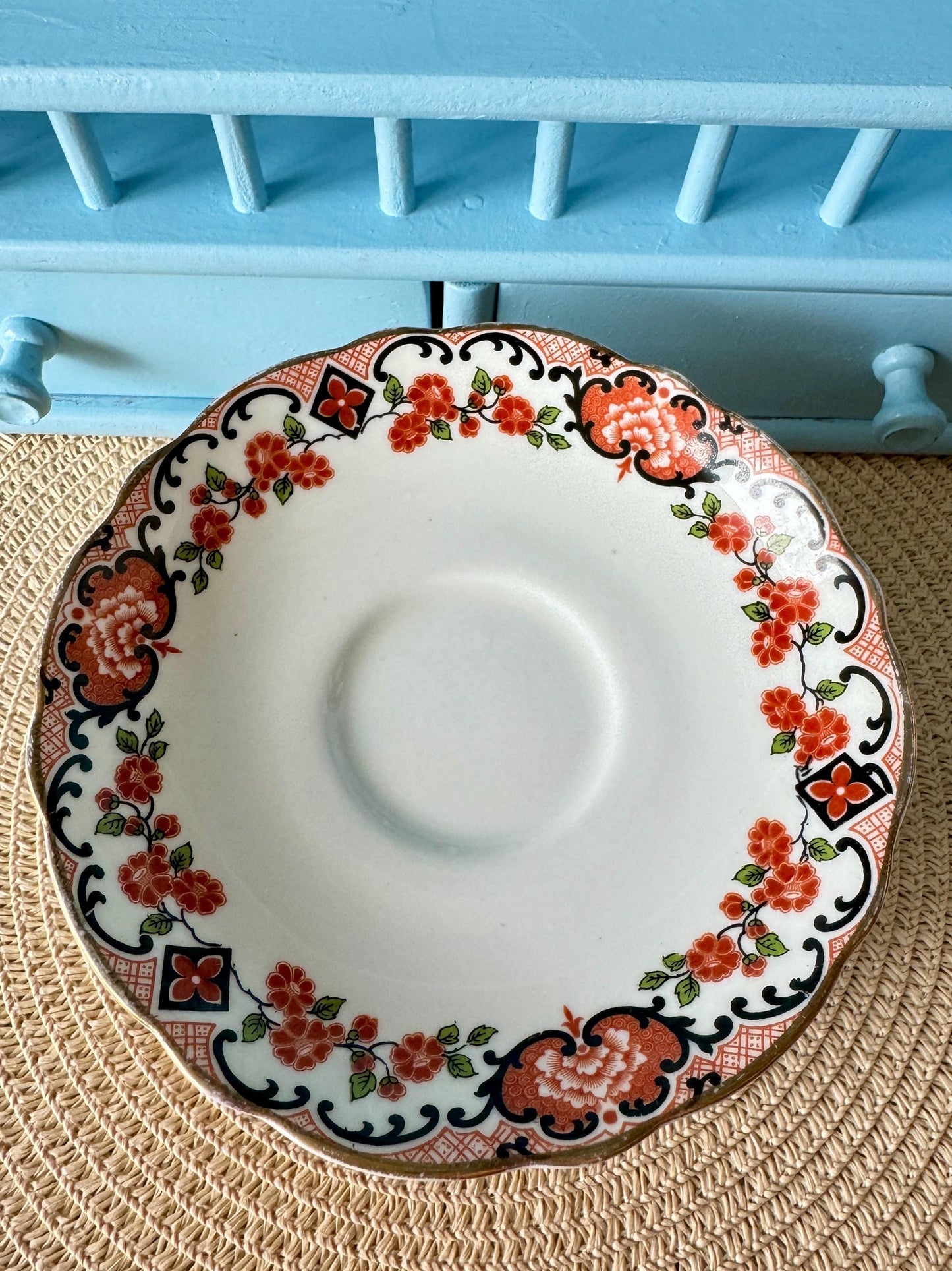 Rare Vintage Aynsley Teacup and Saucer Set ,Very Good Condition, Red and Blue Roses Design, Crafted 1940's, Bone China, Crazing, England