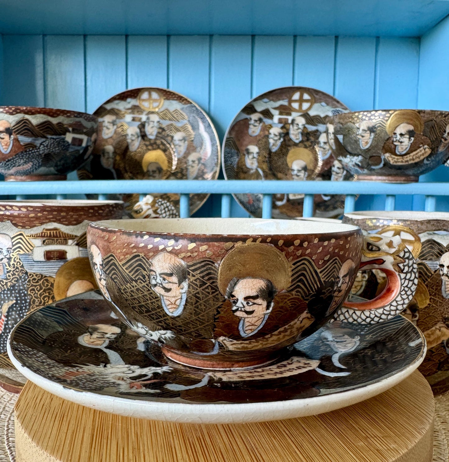 Antique Japanese Satsuma Tea Set, Meiji Era Dragon Handle Teacups, Creamer & Sugar Jar, HandPainted Gilt Porcelain, Satsuma Immortals, Japan