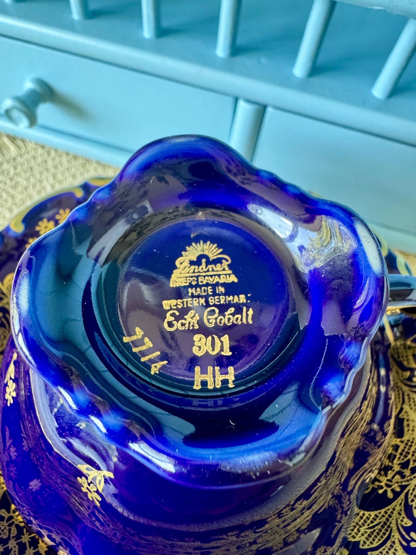Very Rare Hard to Find Mint Condition, Vintage Lindner Kueps Bavaria Made in Germany Real Cobalt EspressoCup &Saucer, Kobalt Blue, 24 karat