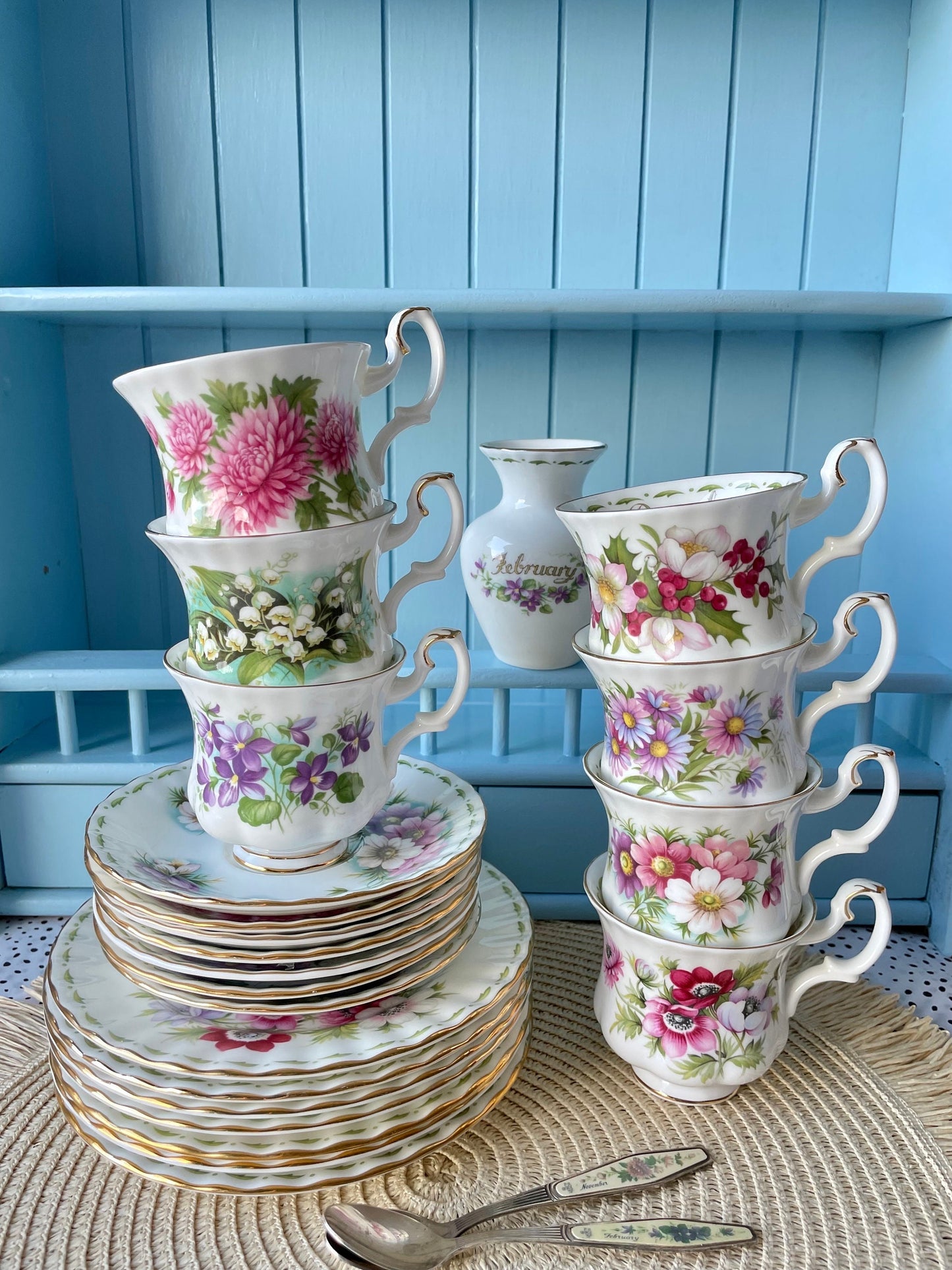 Royal Albert Flower Of The Month Trio's Cup Saucer Plate, Fine Bone China, Sold Individually, Unique Find, With 6 Tea Spoons, Feb Plus Vase
