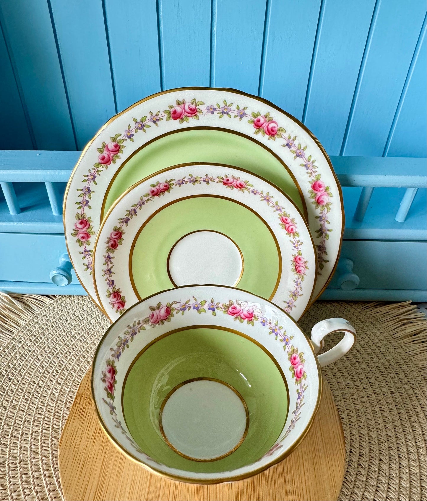 Rare Vintage Aynsley Trio, Teacup, Saucer & Cake Plate Set ,Very Good Condition, Green Roses Design, Early 20th Century, Bone China England