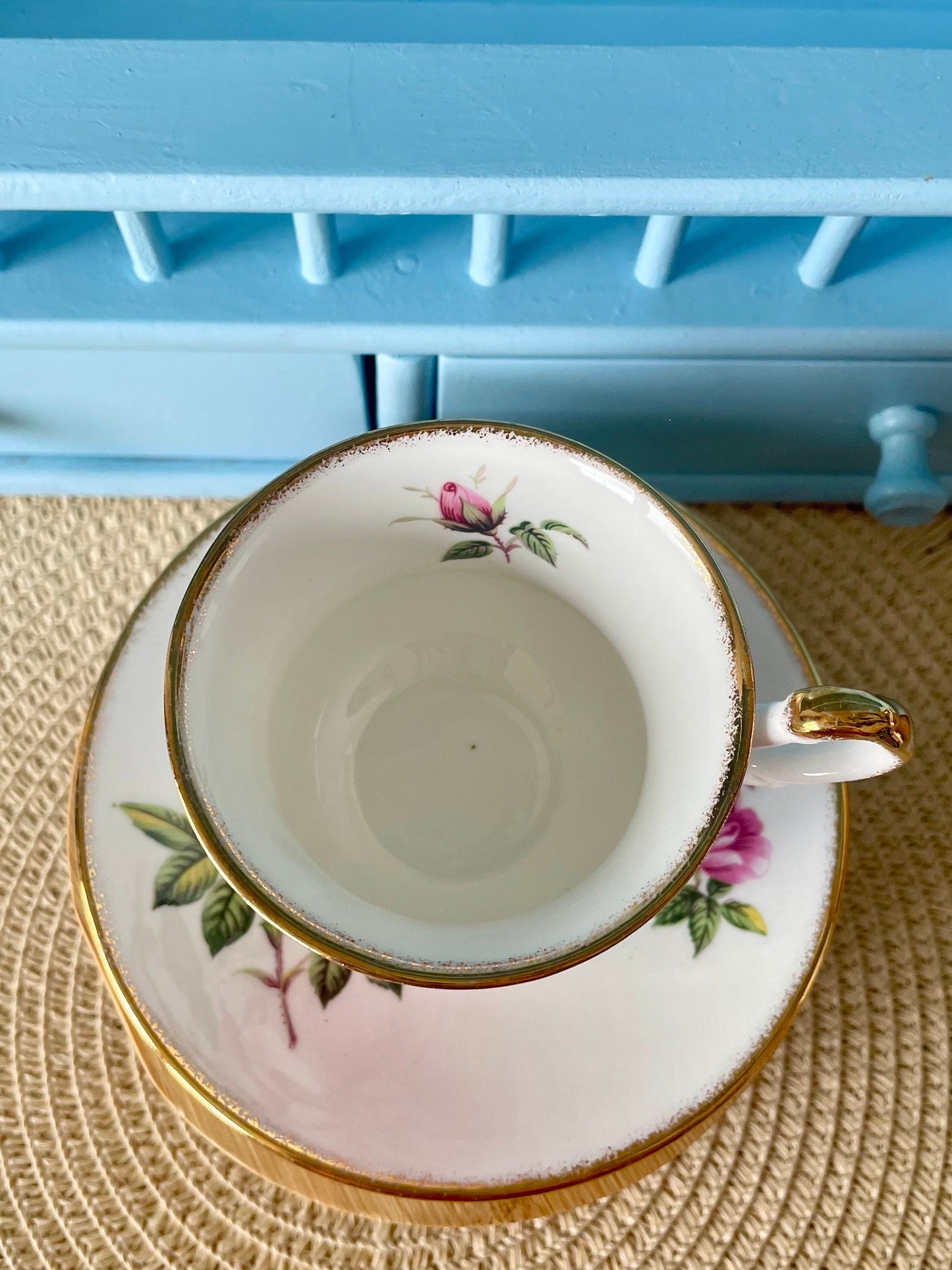 Vintage Queens, Pink Roses Floral Bone Tea Cup and Saucer, Antique English China, Previously Loved Footed Cup, Perfect Gold, Made in England
