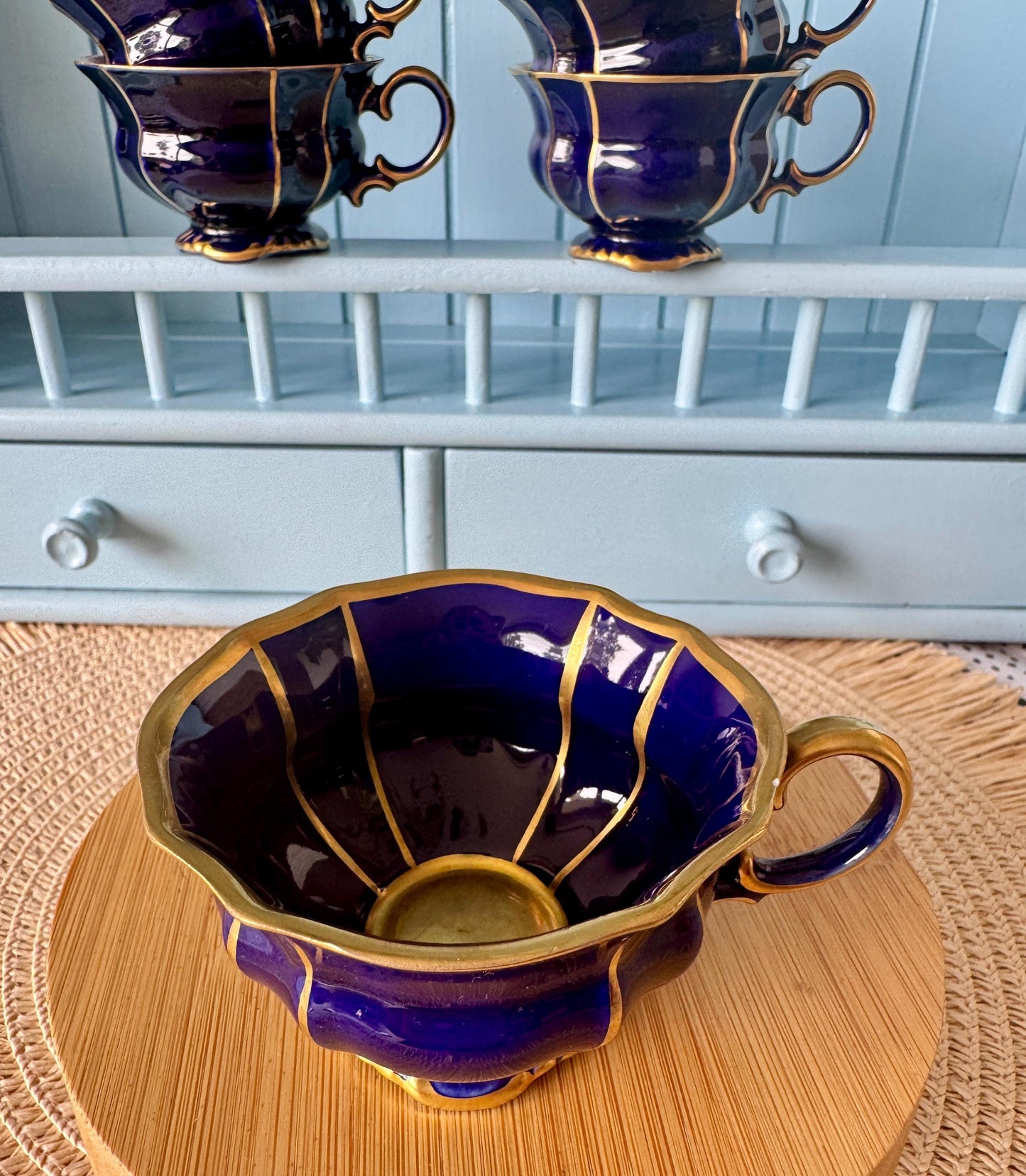 Lindner Kueps Echt Cobalt Espresso Cups Set of 4 + Bonus, No Saucers, Vintage German Porcelain, Cobalt Blue & Gold, Bavarian Espresso Cups
