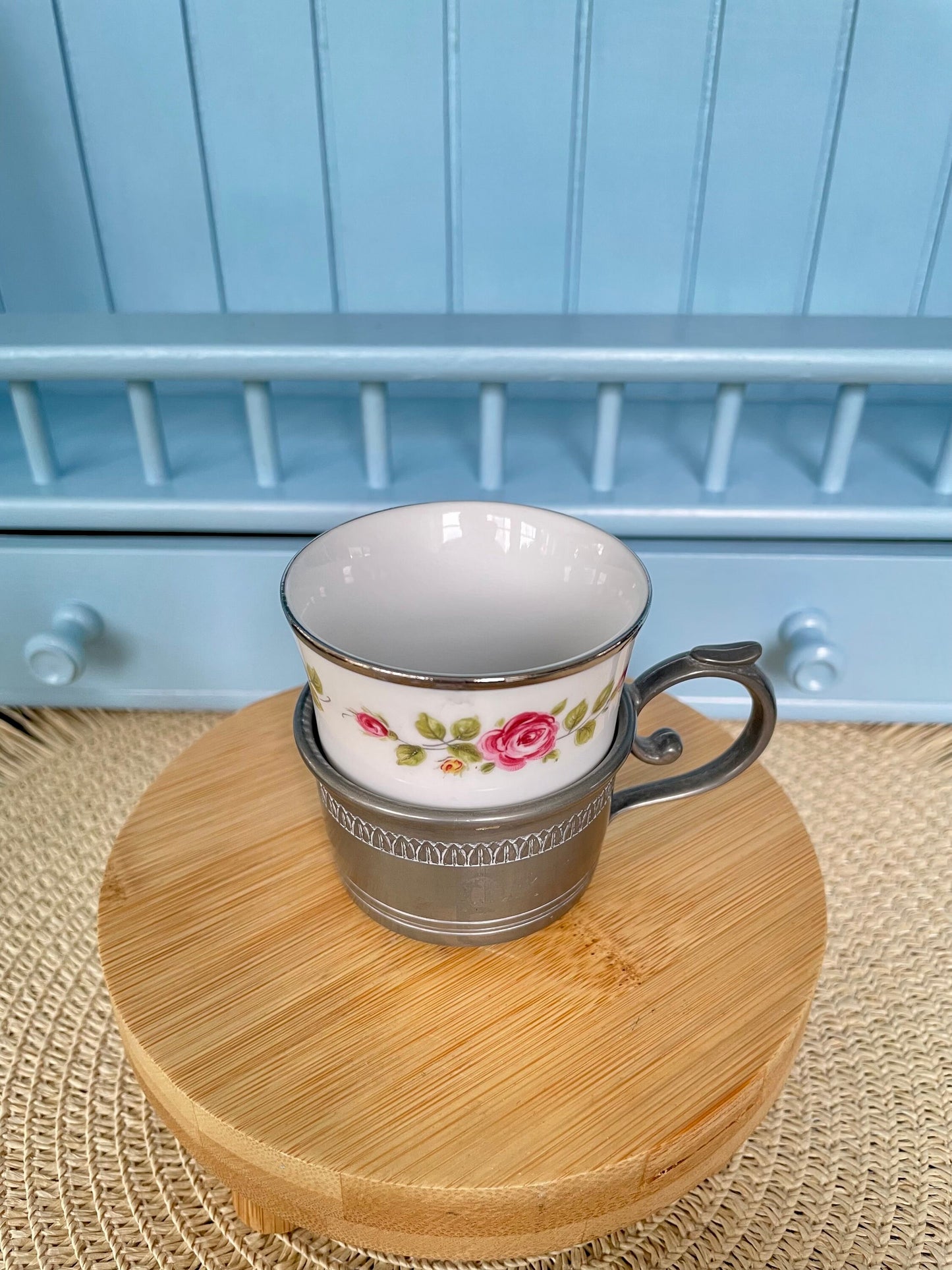 Beautiful Vintage Tin Cup Holder with Bareuther Bavaria Porcelain Teacup, Previously Loved Antique, Collectors Item, Lovely, Made In Germany