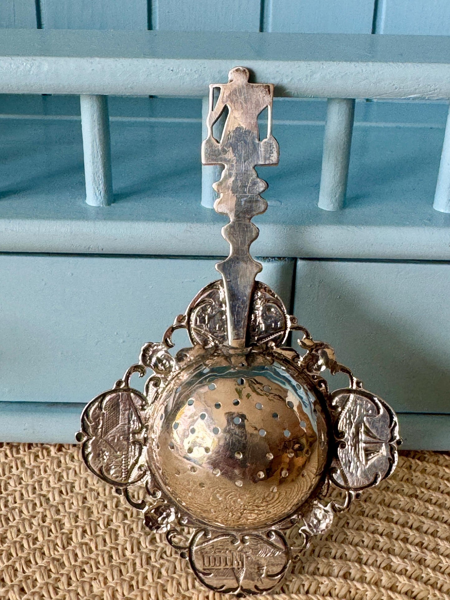 Antique Silver Tea Strainer, Early Edwardian Era, Dutch Themed, Milk Maid Handle, Silver Lion & Minerva Hallmarked Vintage Silverware, Dutch