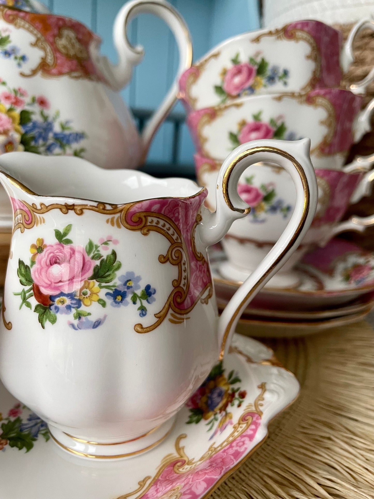 Vintage Royal Albert Tea Set - Lady Carlyle - 12 Piece Porcelain Tea Set for High Tea - Mothers Day Gift -Elegant TeaParty Set - England