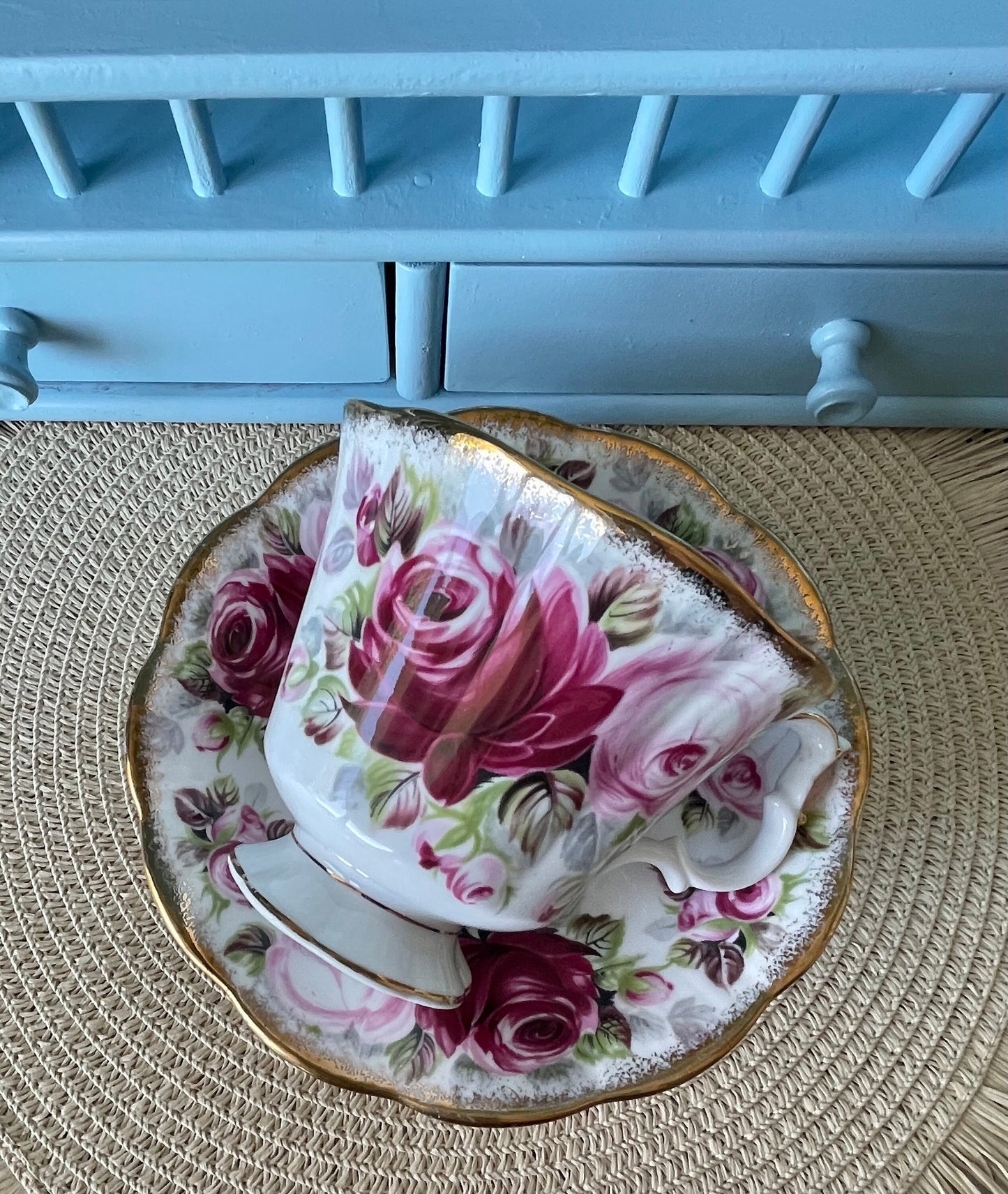 Collectors TeaCup, Royal Albert "Summer Bounty Ruby" Gainsborough Tea Set, Thick Gold, Bone China, Pink Cabbage Roses Decor, Made in England