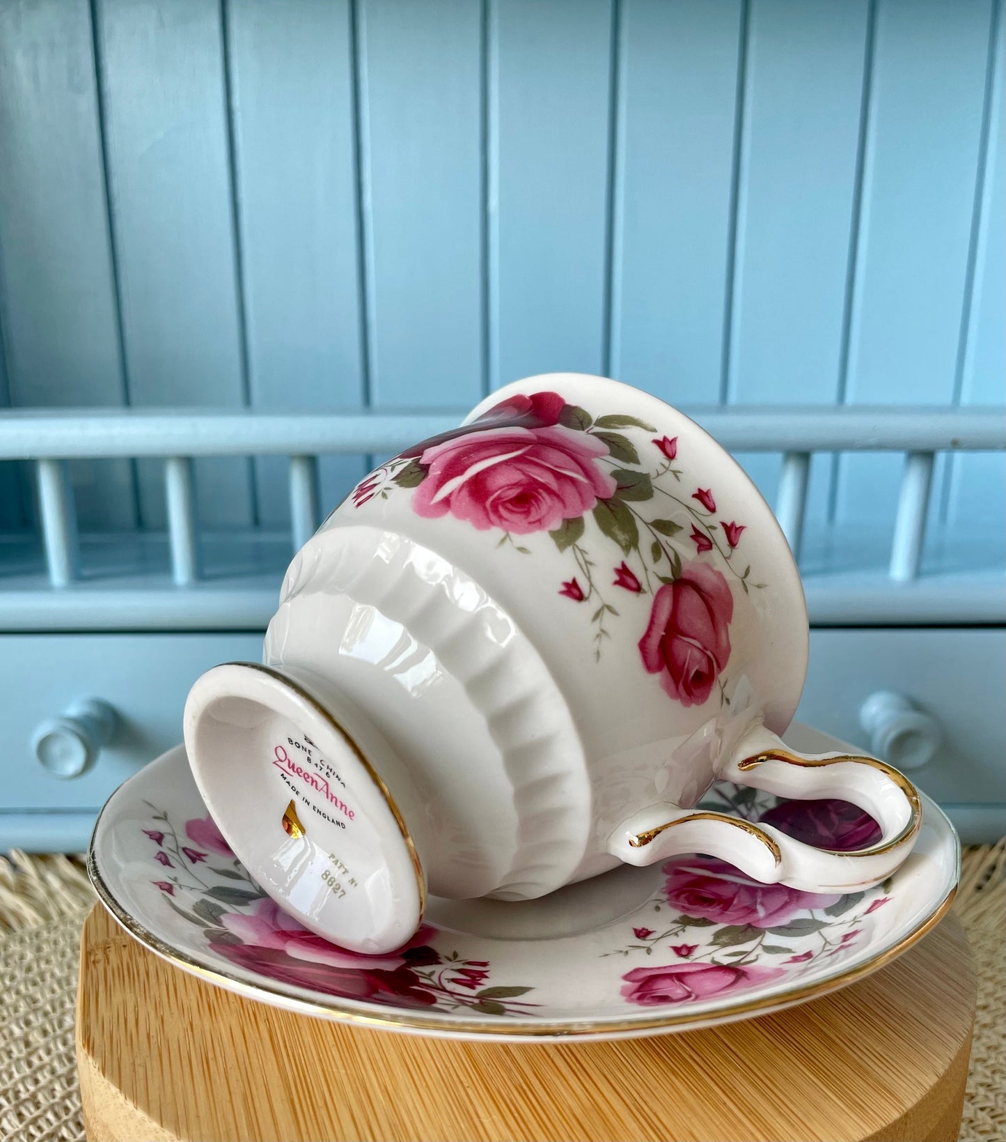 Vintage Queen Anne, Pink and Red Roses Floral Bone Tea Cup and Saucer, Antique English China, Previously Loved, Ribbed Cup, Made in England