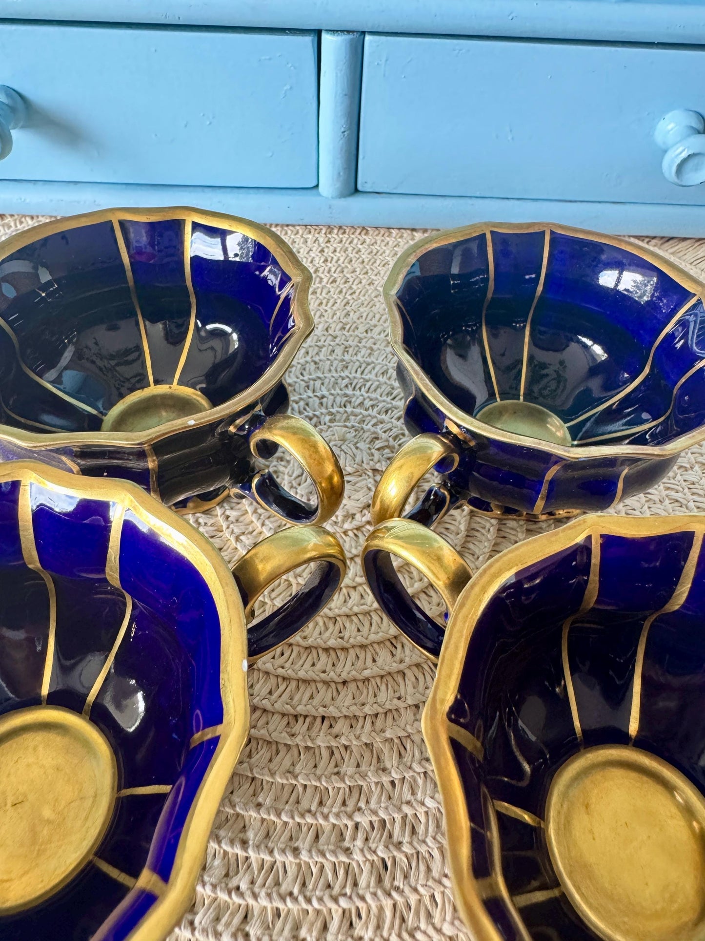 Lindner Kueps Echt Cobalt Espresso Cups Set of 4 + Bonus, No Saucers, Vintage German Porcelain, Cobalt Blue & Gold, Bavarian Espresso Cups