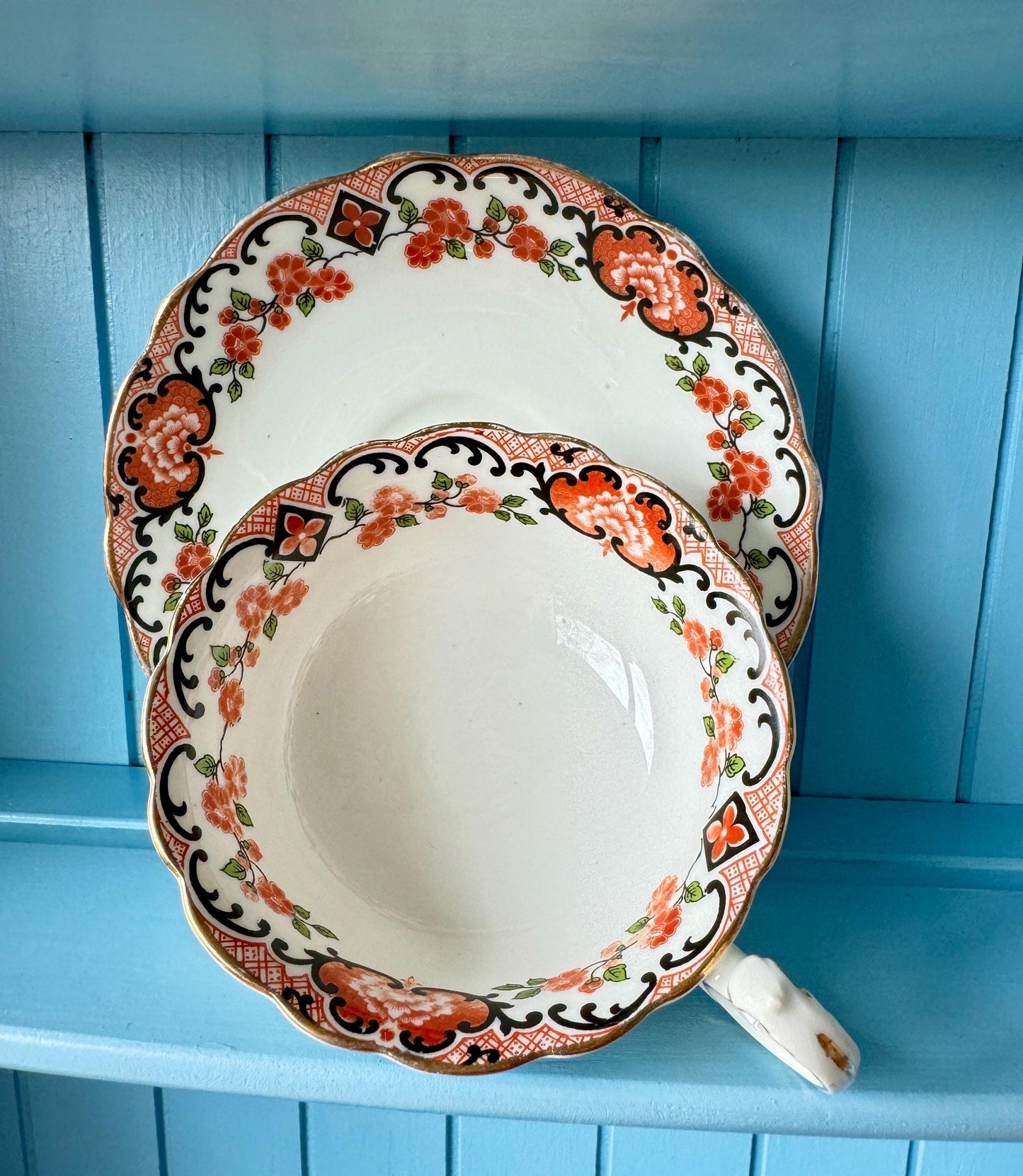 Rare Vintage Aynsley Teacup and Saucer Set ,Very Good Condition, Red and Blue Roses Design, Crafted 1940's, Bone China, Crazing, England