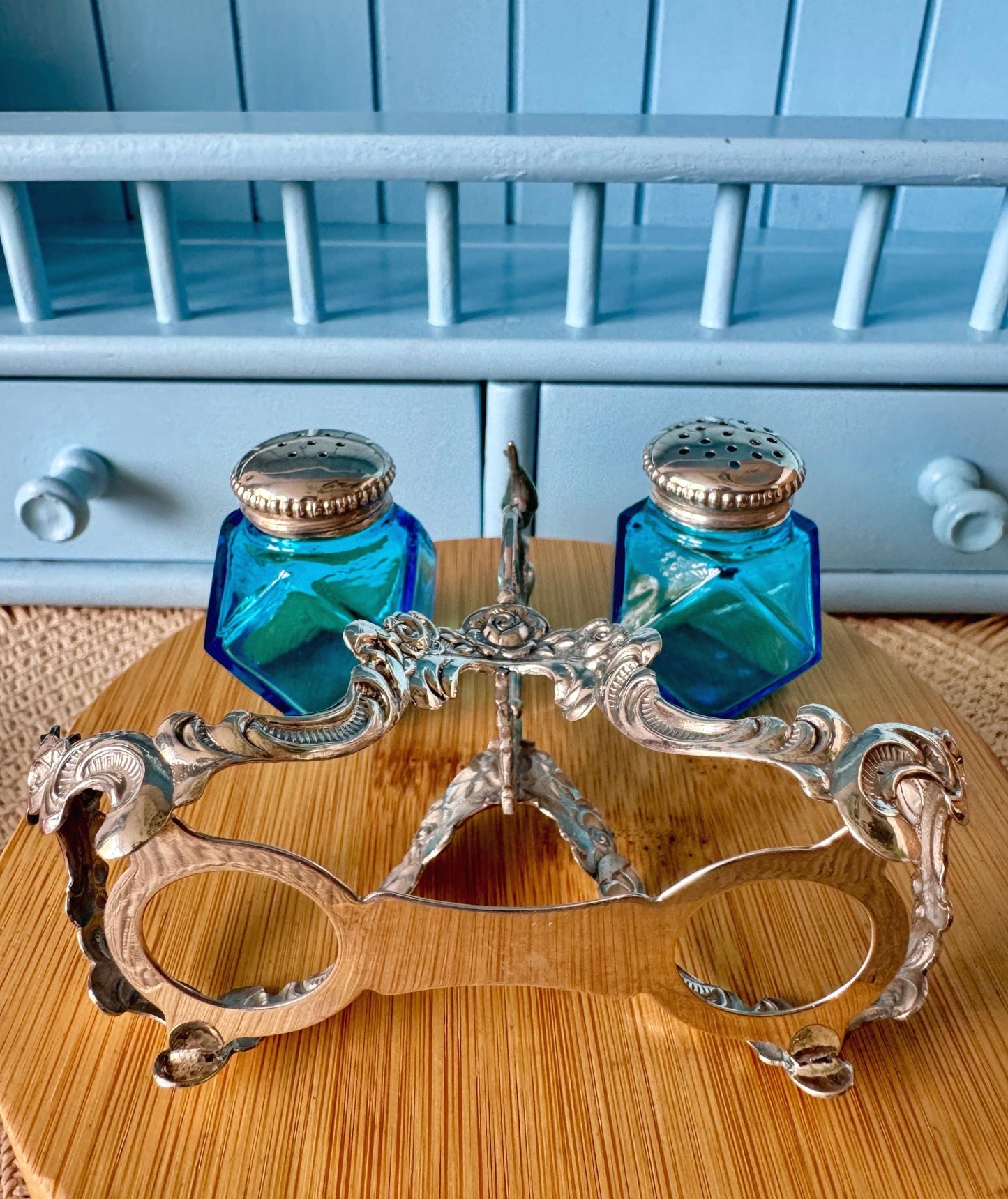 Very Rare Antique 1861 Silver Turquoise Glass Salt & Pepper Cellars, Lovebirds Wedding Gift, English 835 Silver Cruet Set, Beautiful Gift