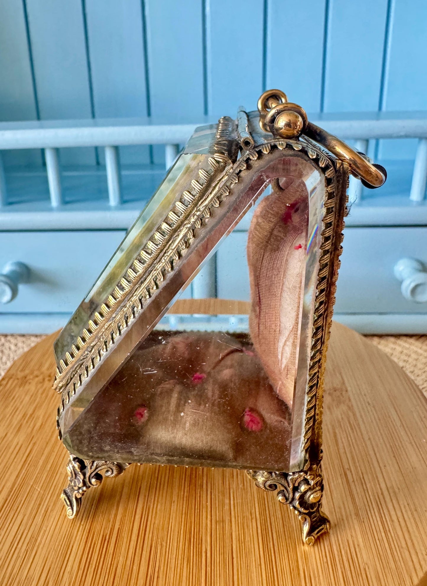 Rare Antique Parisian Glass & Ormolu Casket, Early 1900s Jewelry / Watch Display Box, Silk Lined, Heavy Bevelled Glass, Made in France