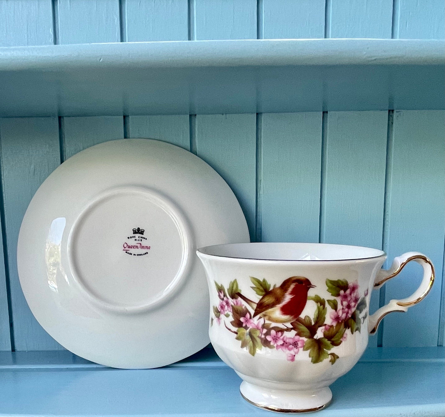 Vintage Queen Anne Robin, Pink Floral Bone Tea Cup and Saucer, Antique English China, Previously Loved Vintage Cup, High-Tea Bridal Party