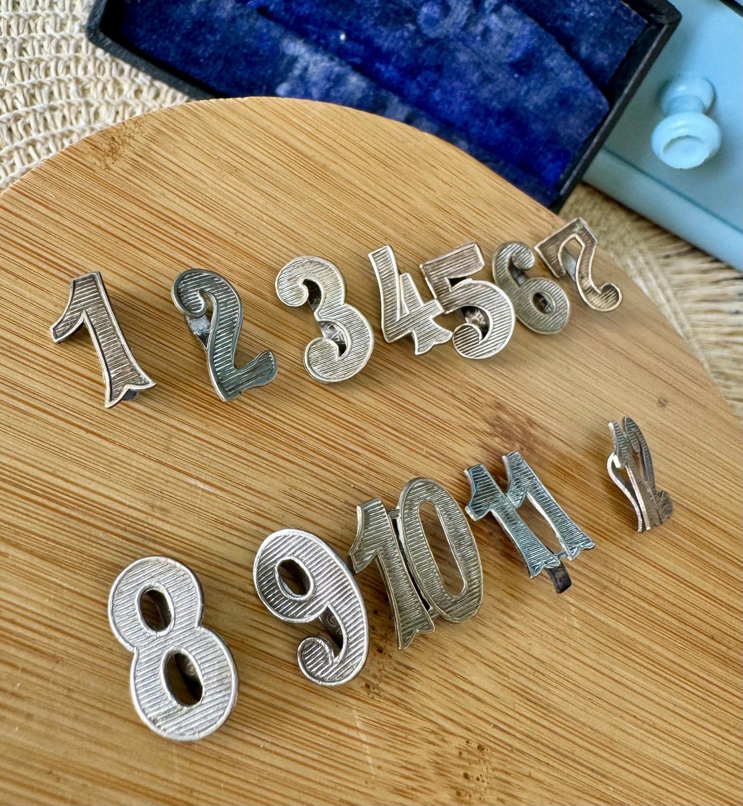 Antique Alpacca Silver Wine Glass Numbers, Wine Glass, Table Markers, English Dinner Party, 12 Alpacca Silver Numbers, Early 1900 Tableware