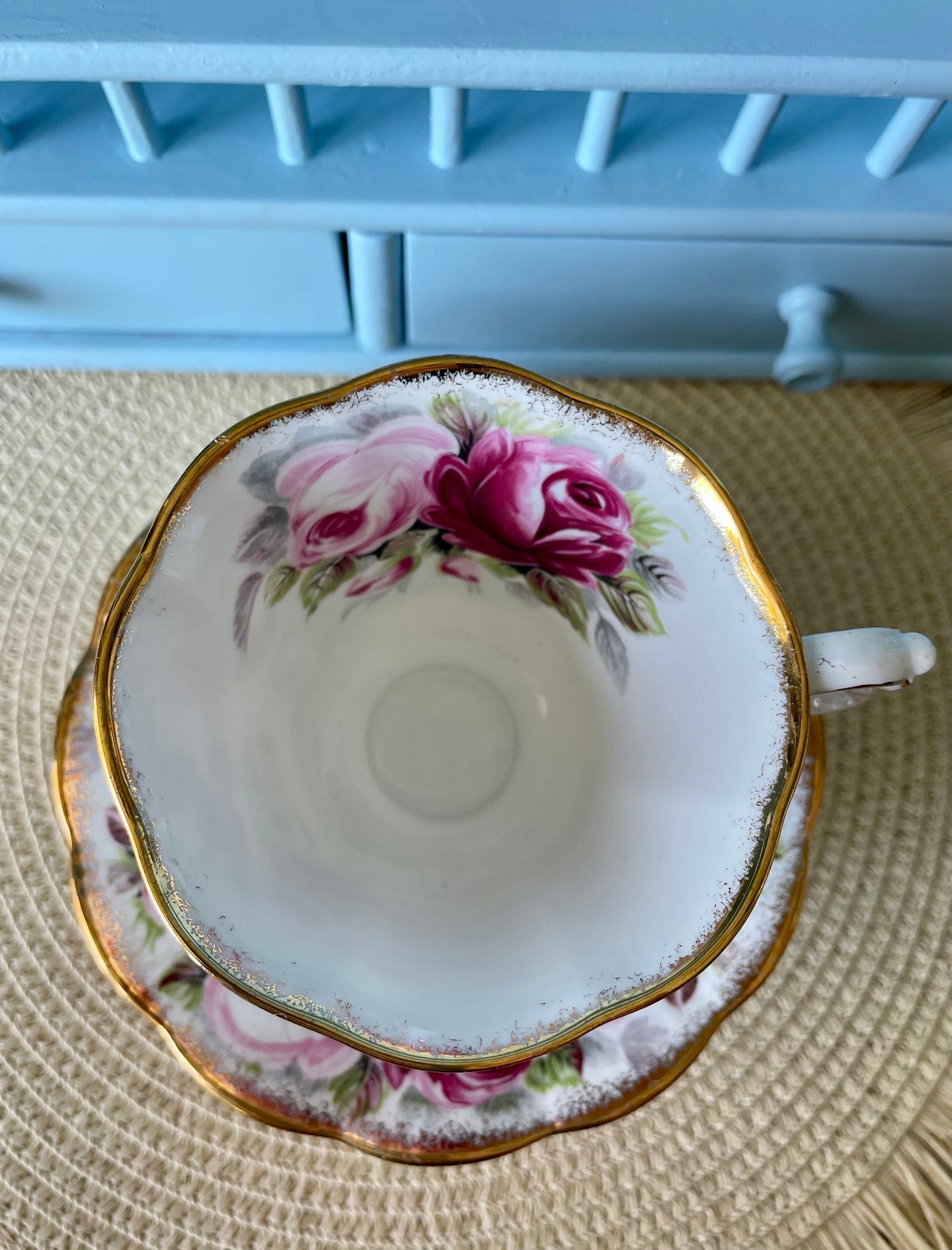 Collectors TeaCup, Royal Albert "Summer Bounty Ruby" Gainsborough Tea Set, Thick Gold, Bone China, Pink Cabbage Roses Decor, Made in England