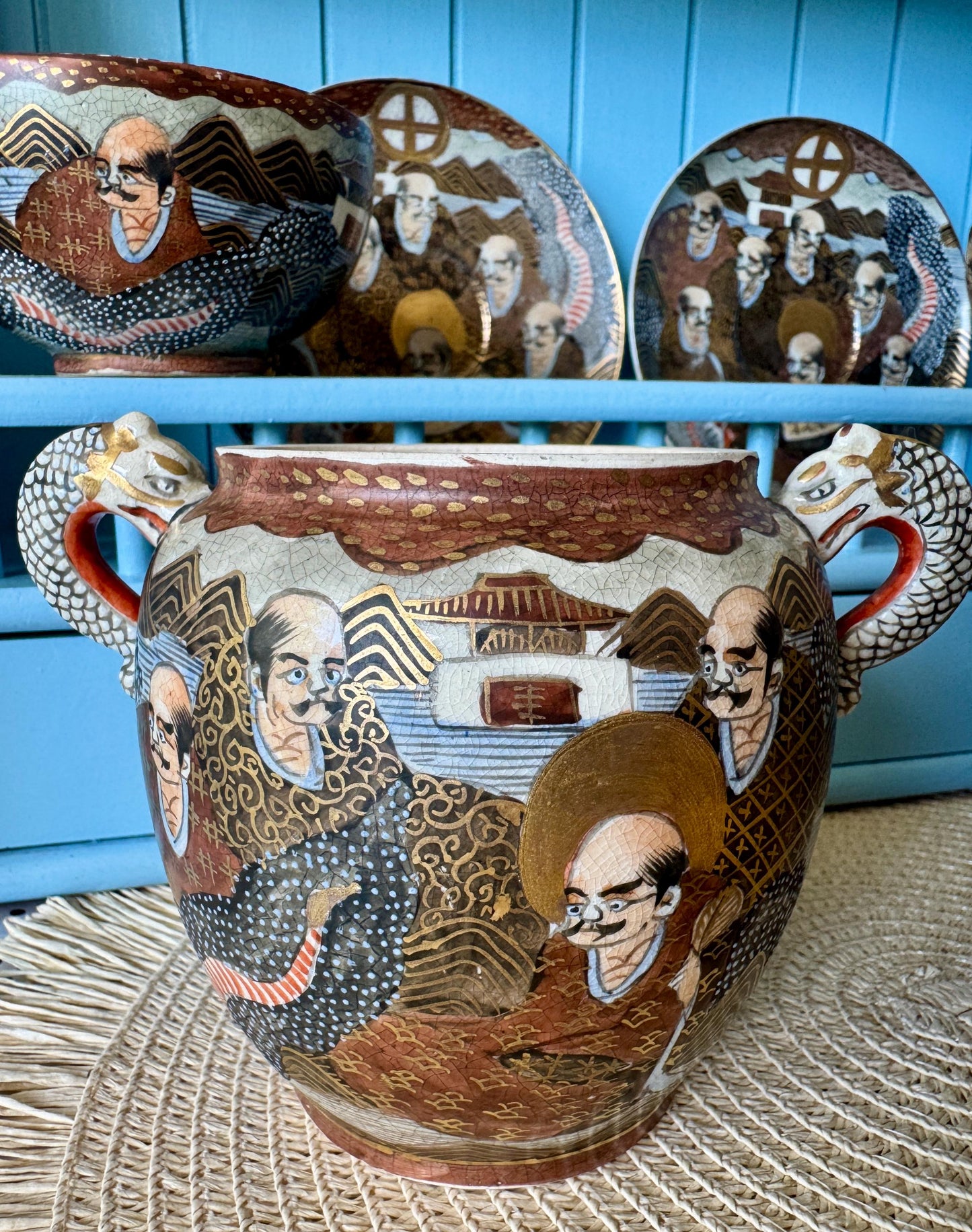 Antique Japanese Satsuma Tea Set, Meiji Era Dragon Handle Teacups, Creamer & Sugar Jar, HandPainted Gilt Porcelain, Satsuma Immortals, Japan