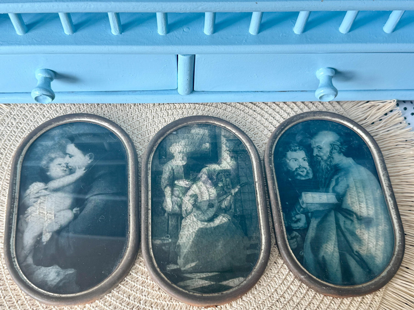 Antique Reverse Glass Paintings Set of 3, Religious & Genre Scene Wall Art, Hand-Painted Glass Panels c.1890-1910, Window Hangings, French