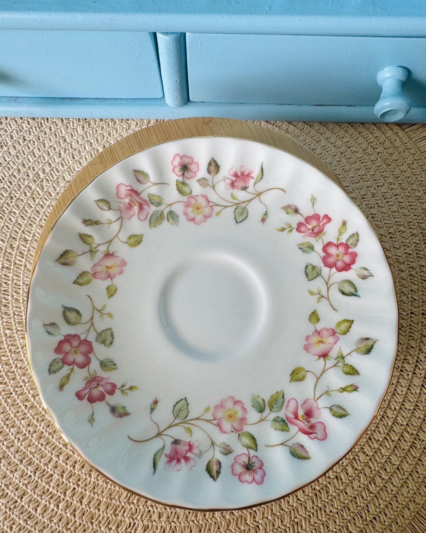 Vintage Colclough Royal Albert Coffee Cup & Saucer Set | Pink Floral Summer Garland | Ribbed Gold Trim | Afternoon Tea Gift, Made in England