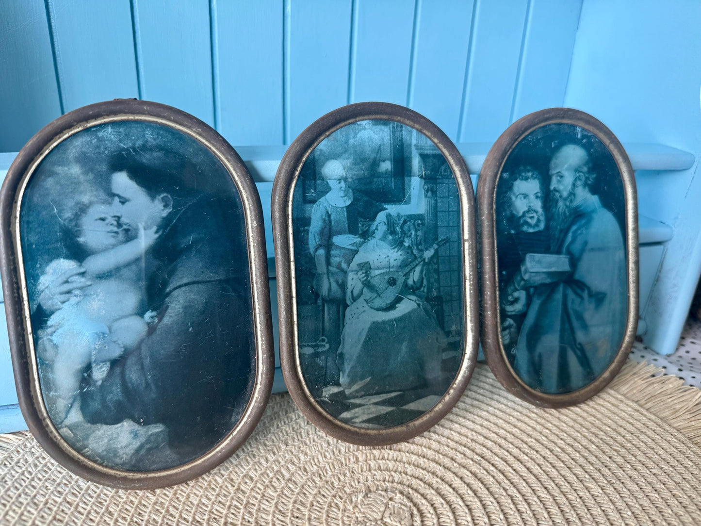 Antique Reverse Glass Paintings Set of 3, Religious & Genre Scene Wall Art, Hand-Painted Glass Panels c.1890-1910, Window Hangings, French