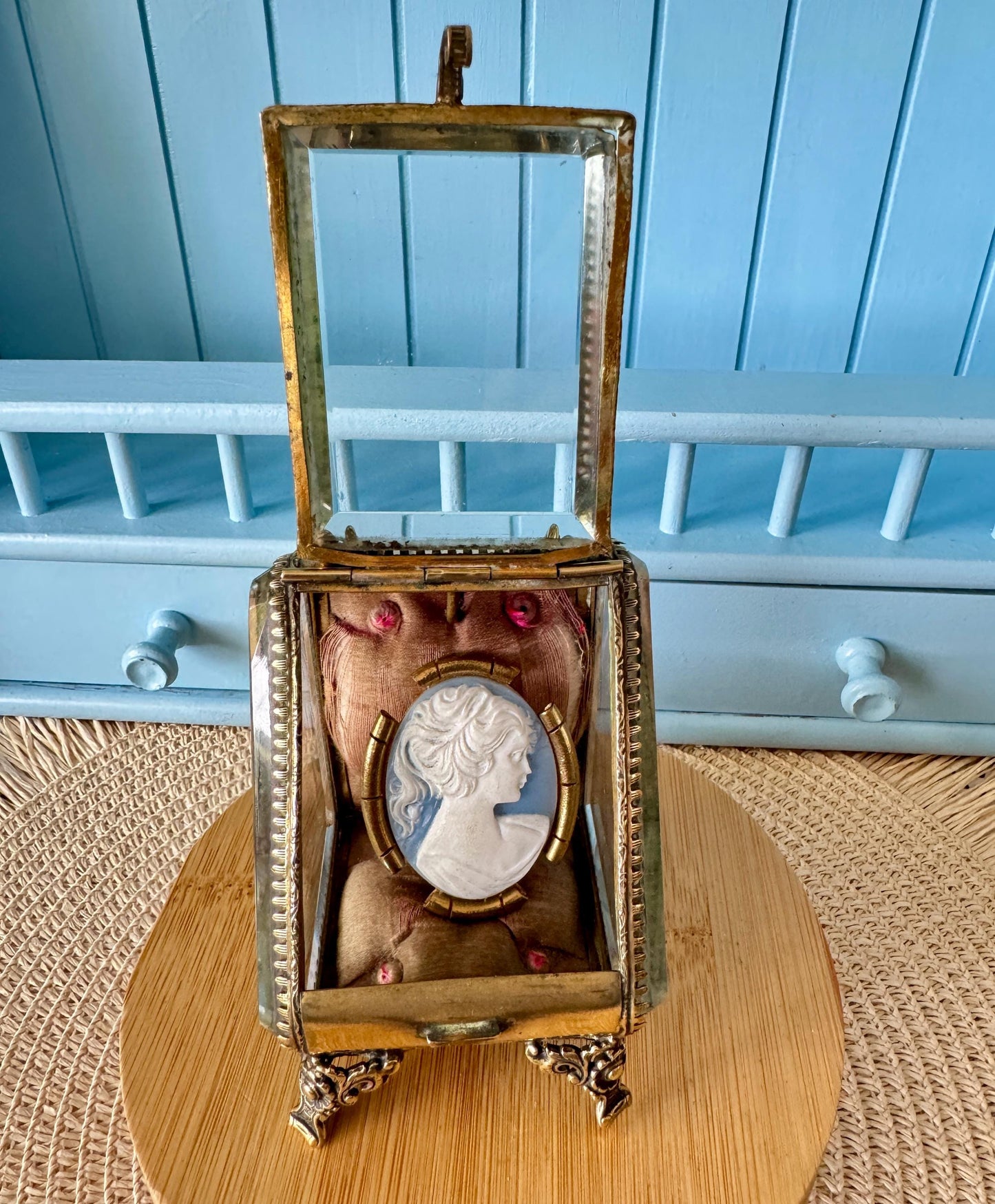 Rare Antique Parisian Glass & Ormolu Casket, Early 1900s Jewelry / Watch Display Box, Silk Lined, Heavy Bevelled Glass, Made in France