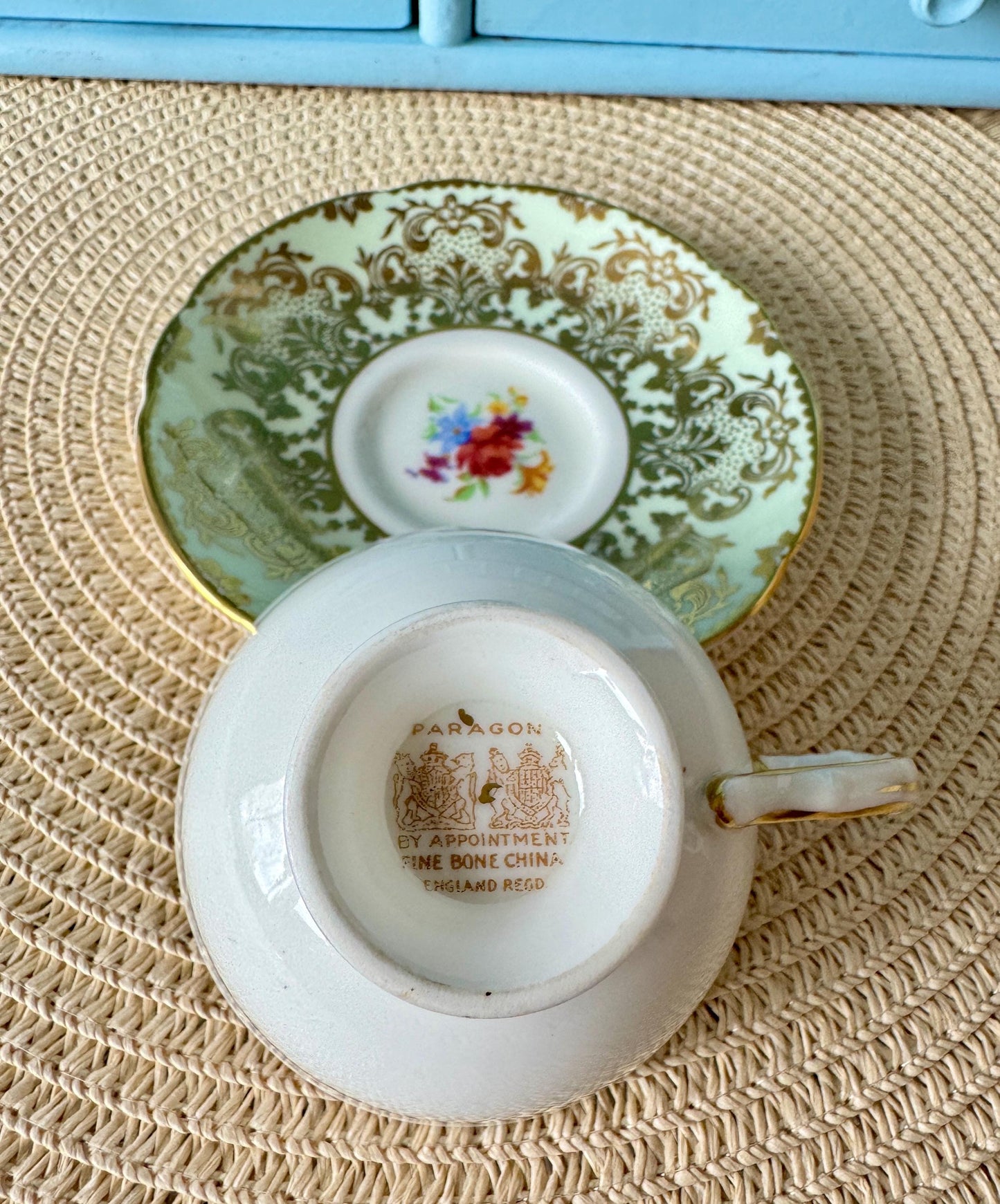 2 Rare Vintage 1940s Paragon Pastel Green Espresso Cup Saucer, Bone China, Floral Design, by Appointment HM Queen Elizabeth, Double Warrant!