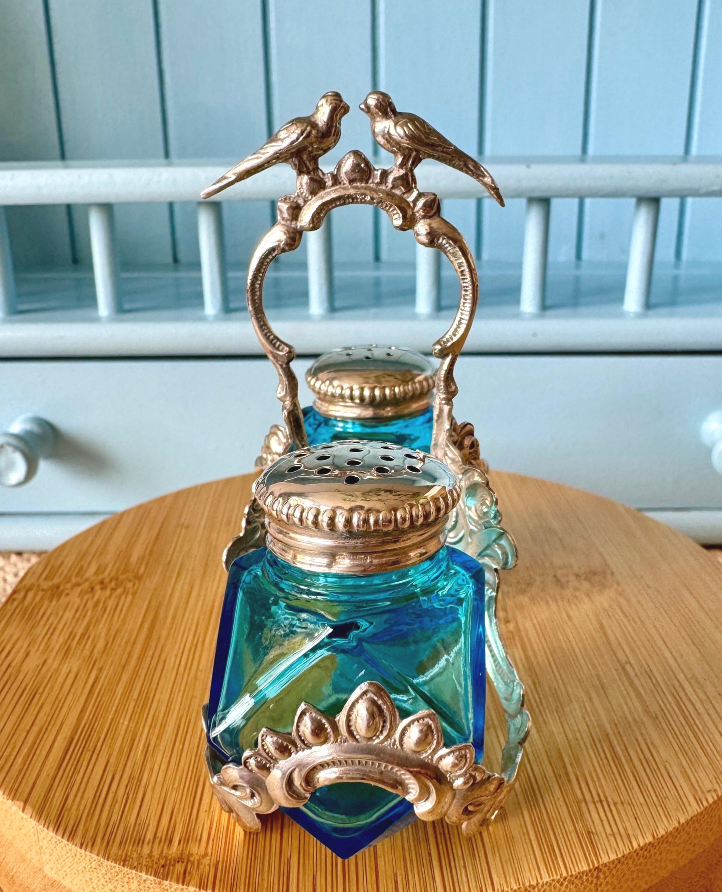 Very Rare Antique 1861 Silver Turquoise Glass Salt & Pepper Cellars, Lovebirds Wedding Gift, English 835 Silver Cruet Set, Beautiful Gift
