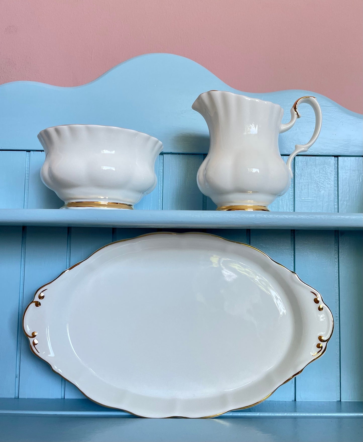 Crisp White Royal Albert "Val D'Or" Gold Creamer Set, Sugar Bowl, Milk Jug & Platter, Bone China England, Previously Loved Vintage, High-Tea