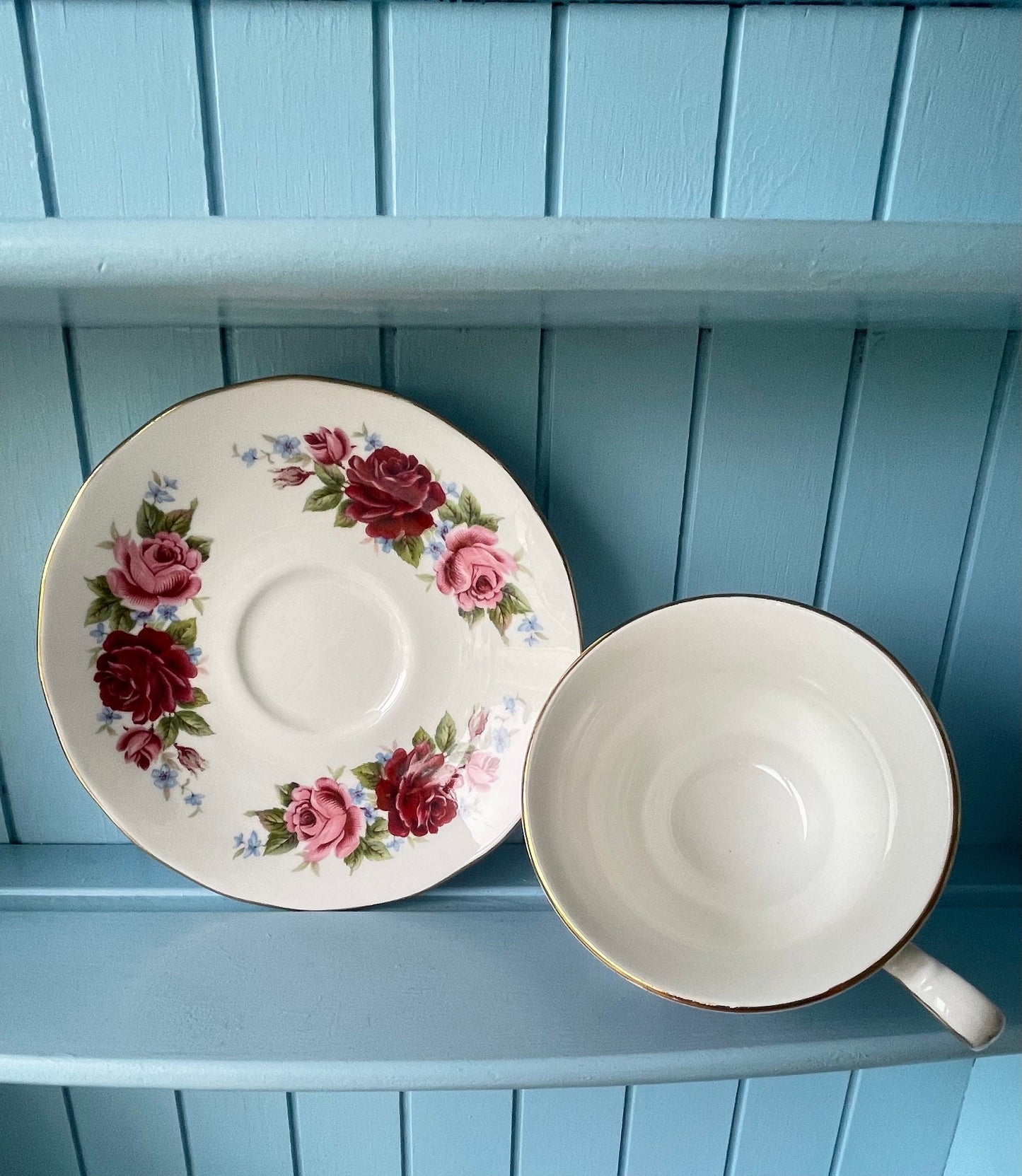 Elegant Vintage Queen Anne Tea Cup and Saucer - Red and Pink Floral Design, Antique English China, Cherished Collectible, 4 High-Tea Parties