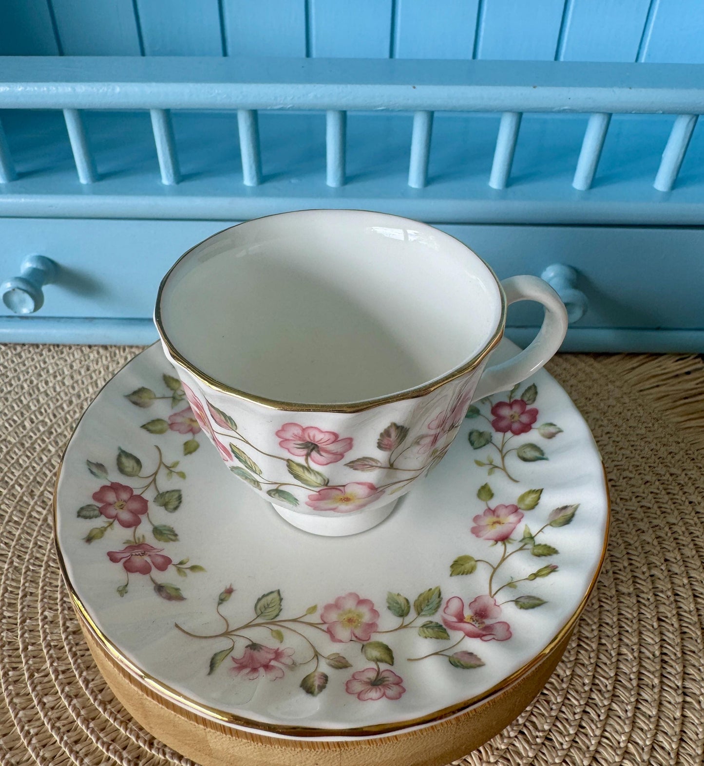 Vintage Colclough Royal Albert Coffee Cup & Saucer Set | Pink Floral Summer Garland | Ribbed Gold Trim | Afternoon Tea Gift, Made in England