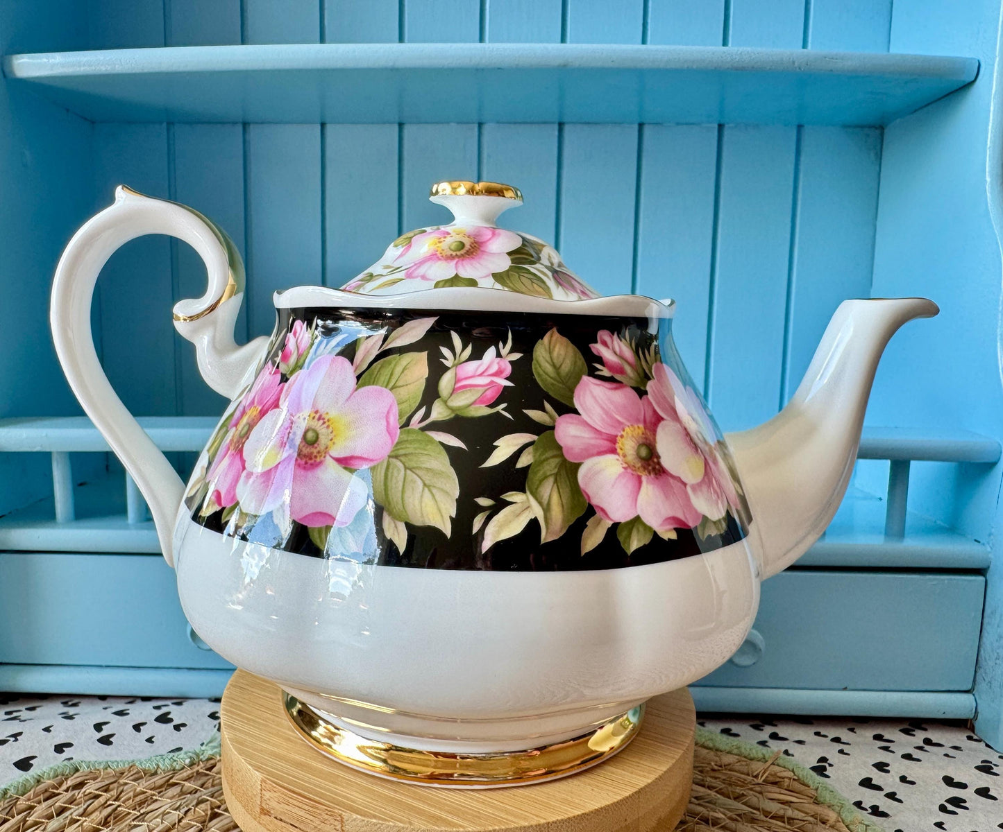 Royal Albert Alberta Rose Teapot & Cake Stand Set, Provincial Flowers Series, Vintage Bone China, Black Floral Chintz, Gift-Ready, England
