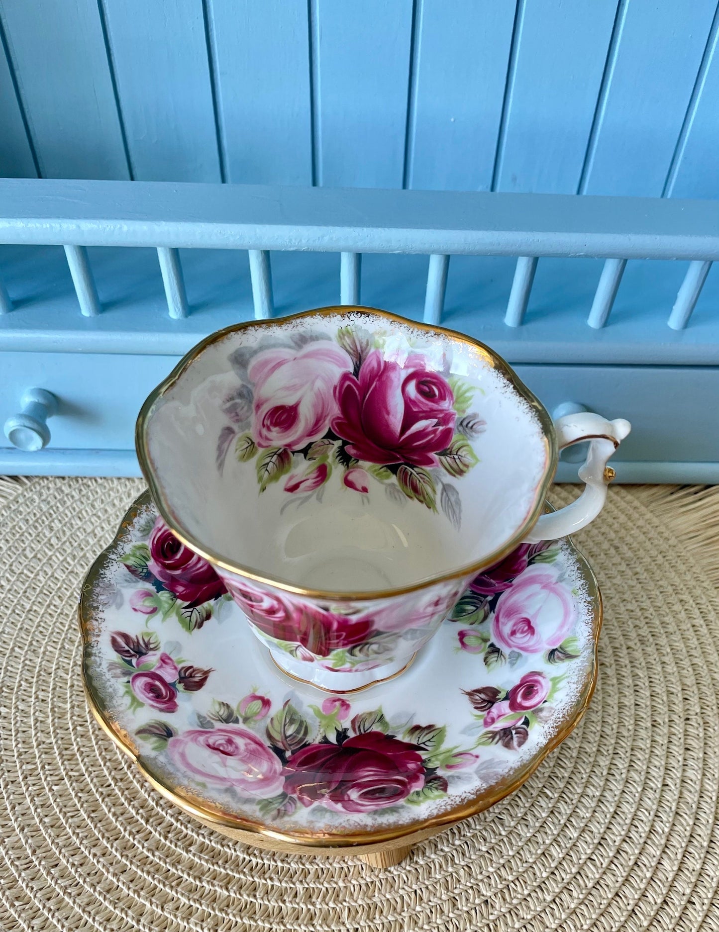Collectors TeaCup, Royal Albert "Summer Bounty Ruby" Gainsborough Tea Set, Thick Gold, Bone China, Pink Cabbage Roses Decor, Made in England