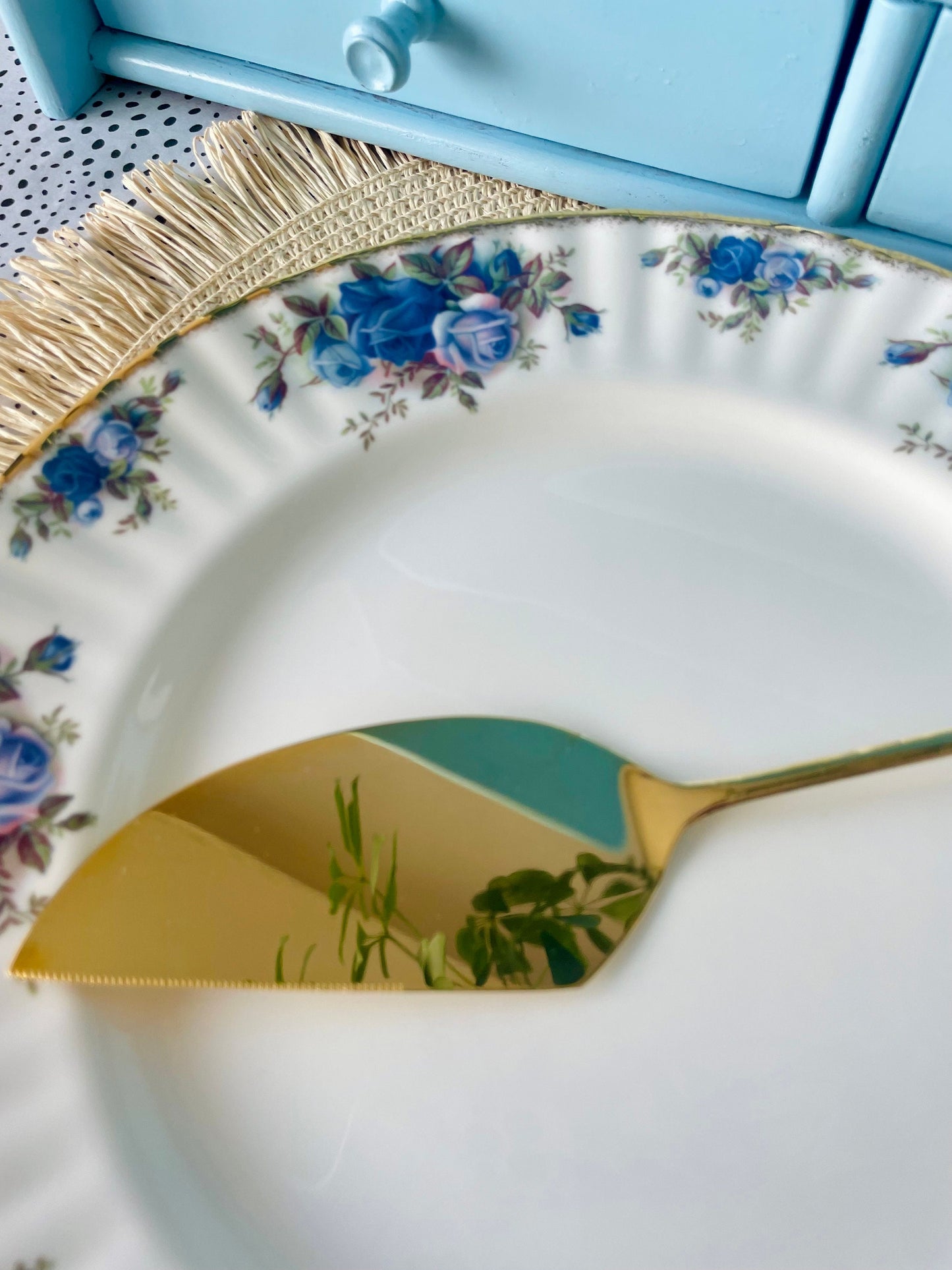 Hard to Find and Very Collectible Royal Albert "Moonlight Rose" Gold Plated Cake Knife with Blue Roses Decor, Cake Slicer, Made in Japan