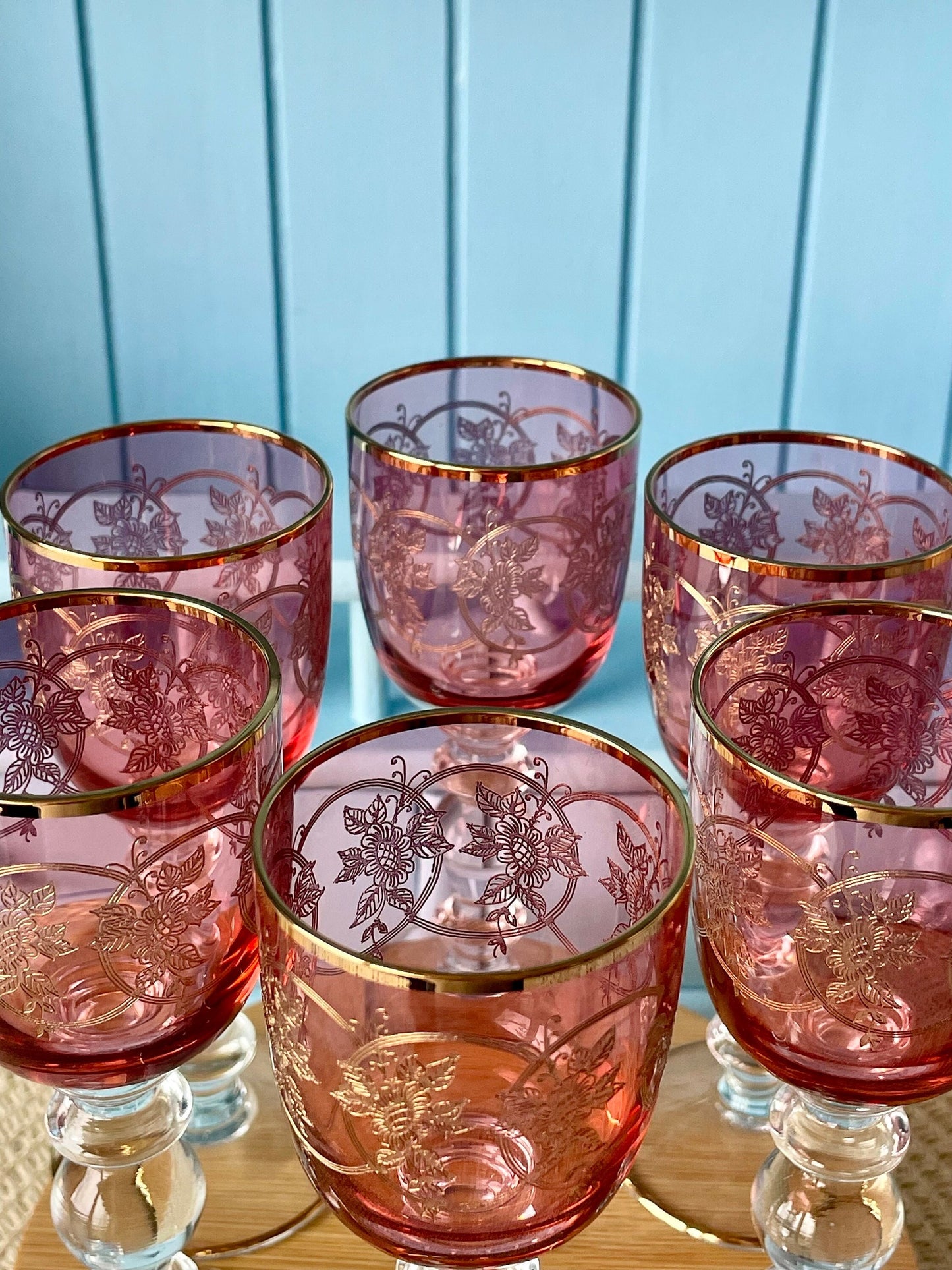 Antique Gold Rimmed Ruby Colored Sherry or Liqueur Glasses, Set of 6 Gold Engraved Glasses, Elegant Gold Detailing, Pre-War Pink/Ruby Glass
