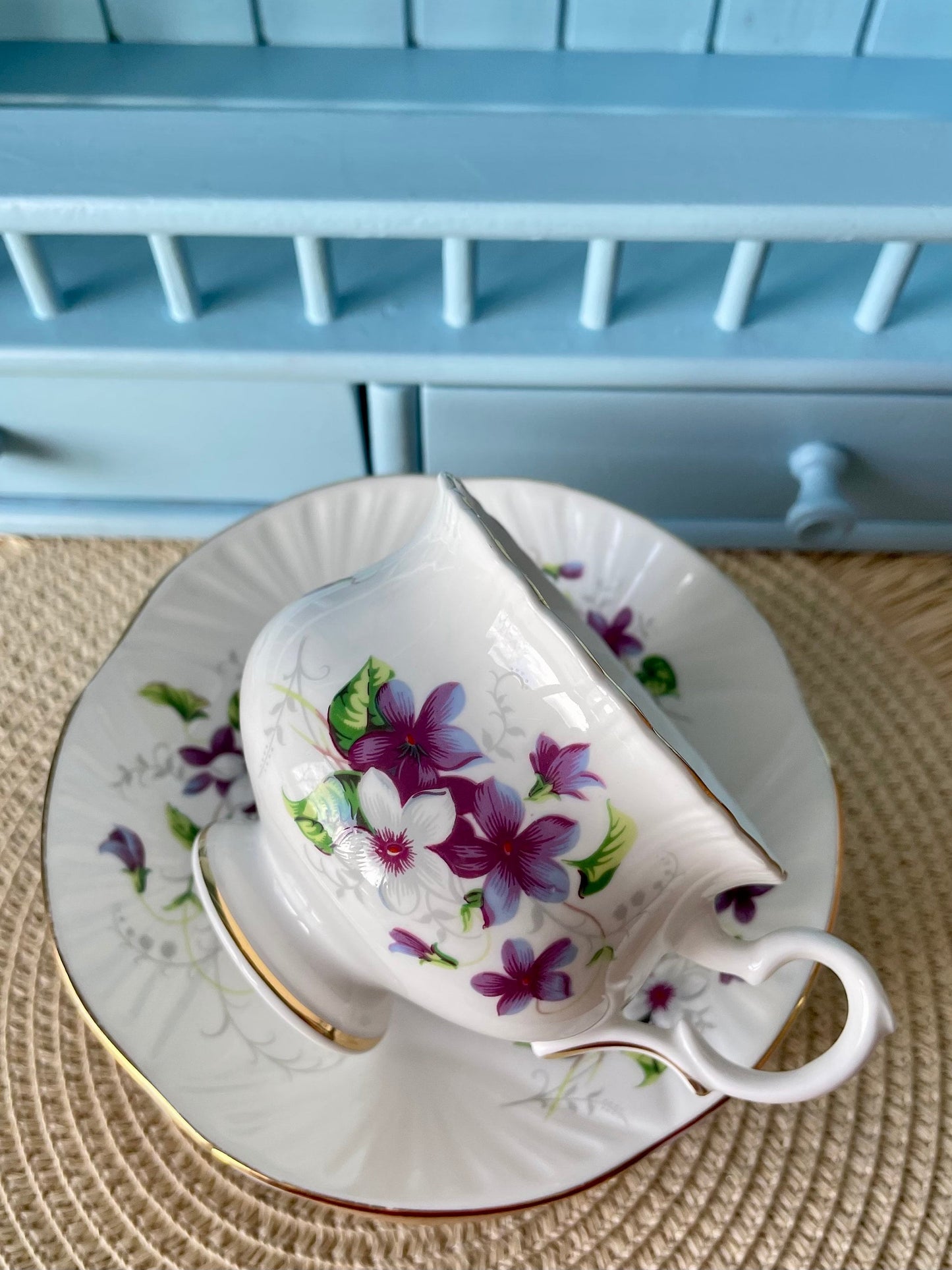 Vintage Crown Staffordshire Tea Cup and Saucer, Purple Pansies, Fine Bone China, Previously Loved Antique Tea, For High-Tea, Made in England
