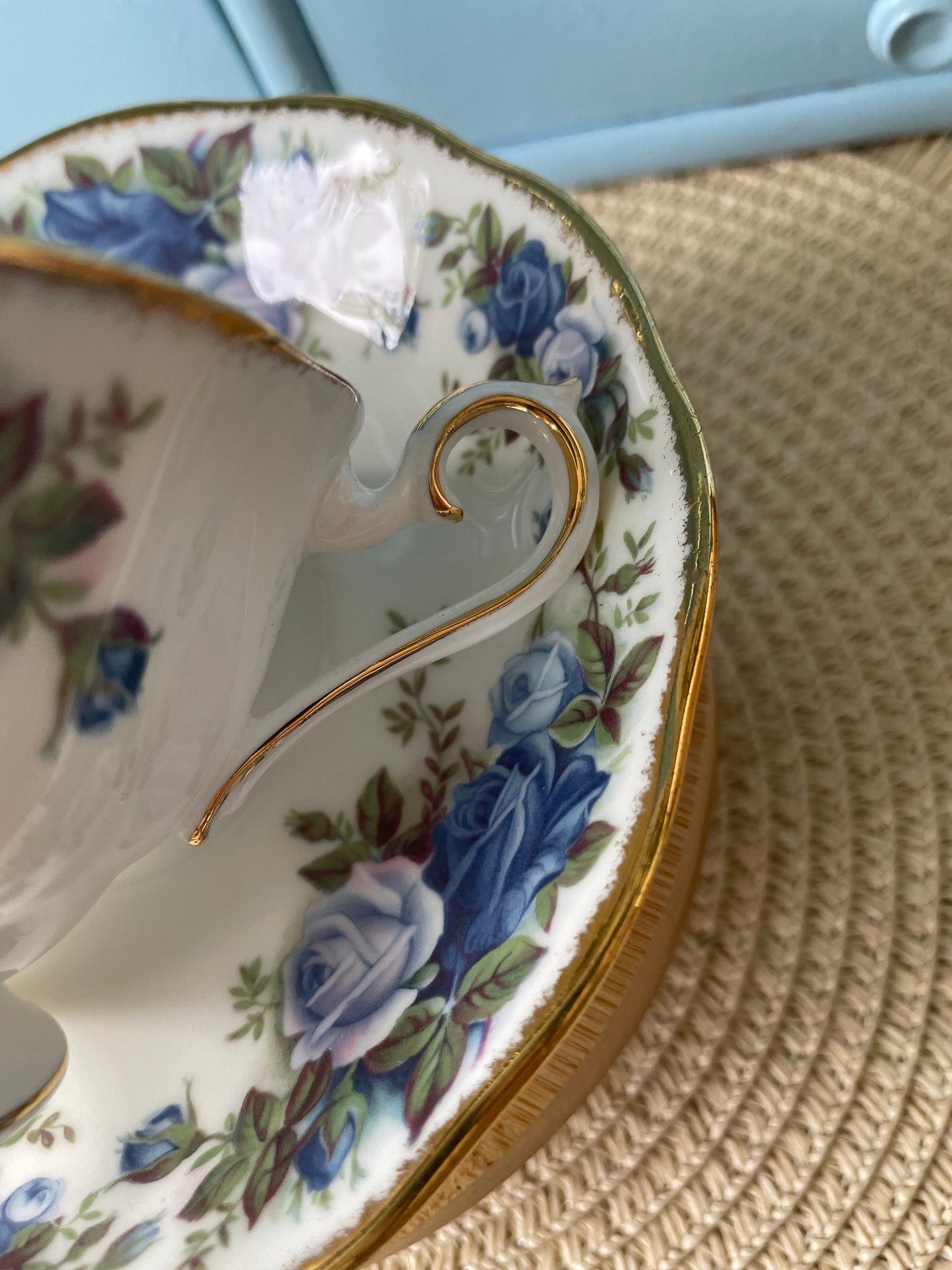 Pristine Avon Shaped Royal Albert "Moonlight Rose" Teacup & Saucer, Fine Bone China, Blue Roses Decor, Highly Sought After, Made in England