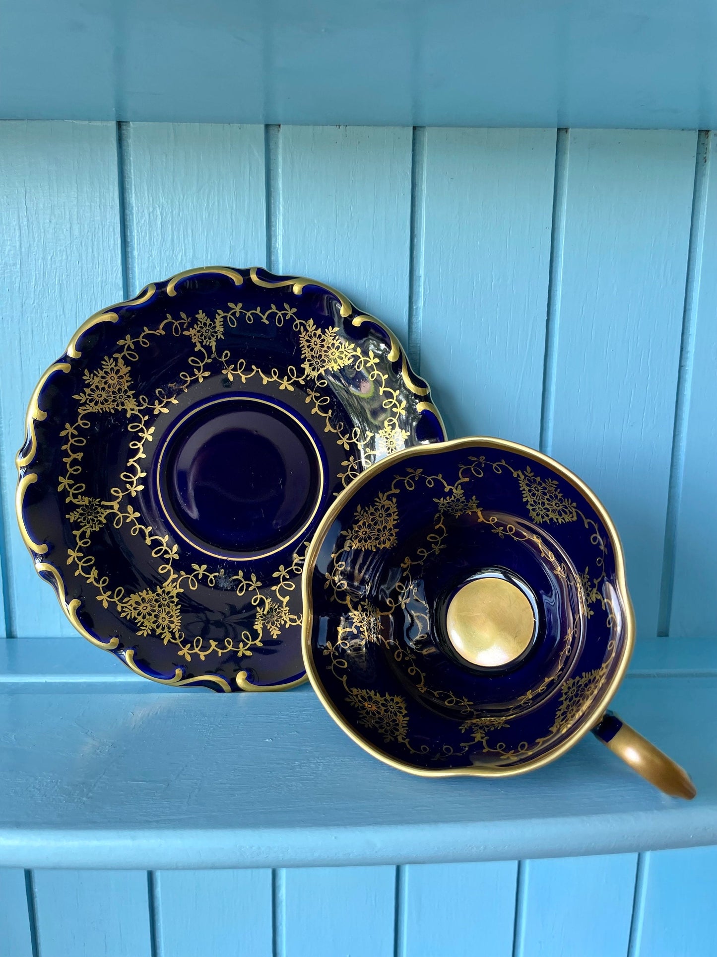 Very Rare Hard to Find Mint Condition, Vintage Lindner Kueps Bavaria Made in Germany Real Cobalt EspressoCup &Saucer, Kobalt Blue, 24 karat