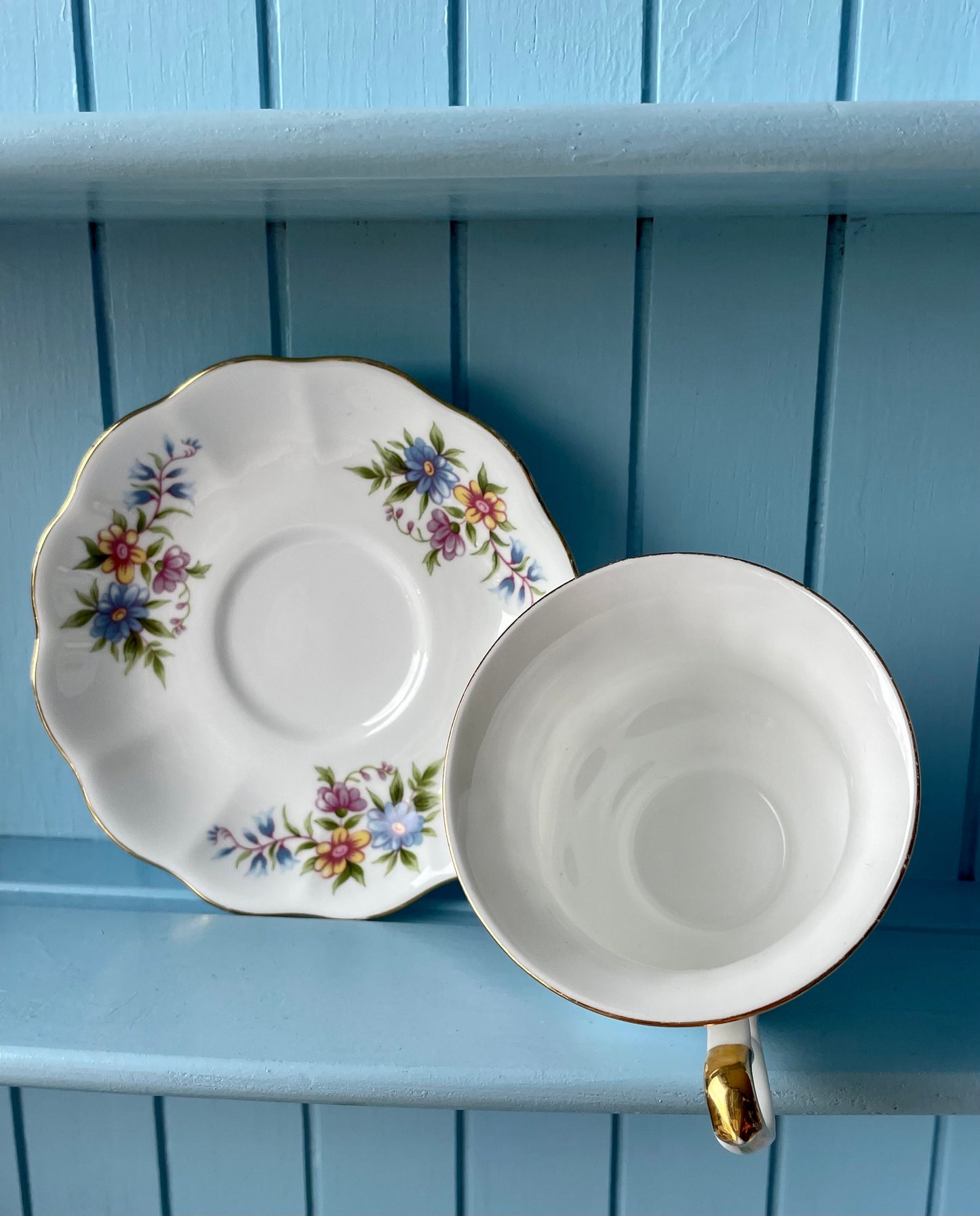 Vintage 'Royal Ascot' Blue Velvet Tea Cup And Saucer, Made In England. Fine Bone China, Previously Loved Vintage Cup, Antique British TeaCup