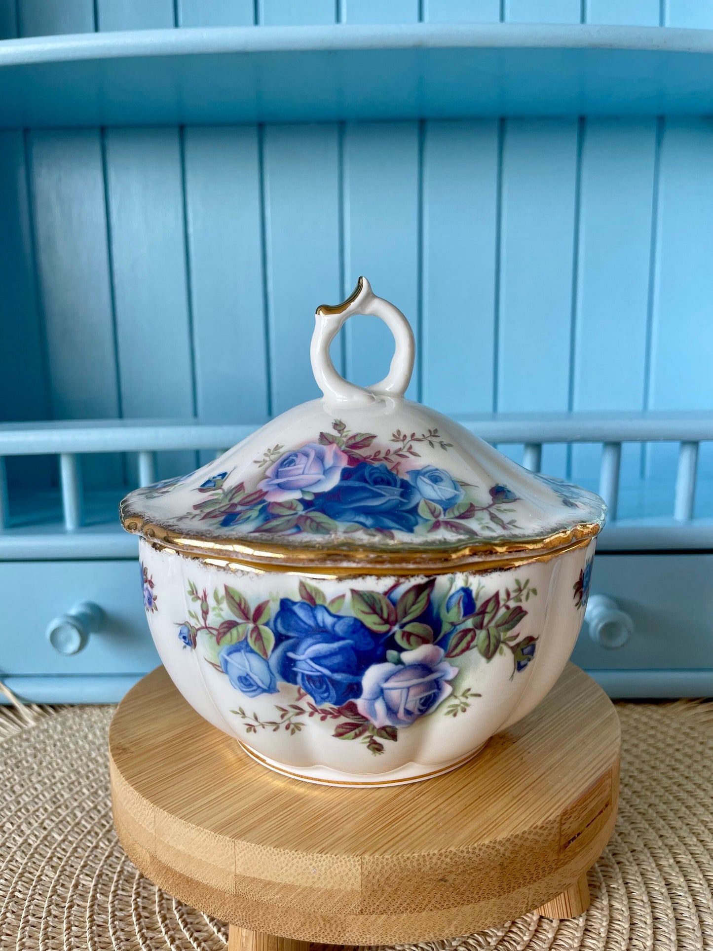 Vintage Royal Albert Moonlight Rose Candy Dish with Lid, Blue Roses & Gold Trim, Perfect for Candy, Bonbon Dish, English Bone China